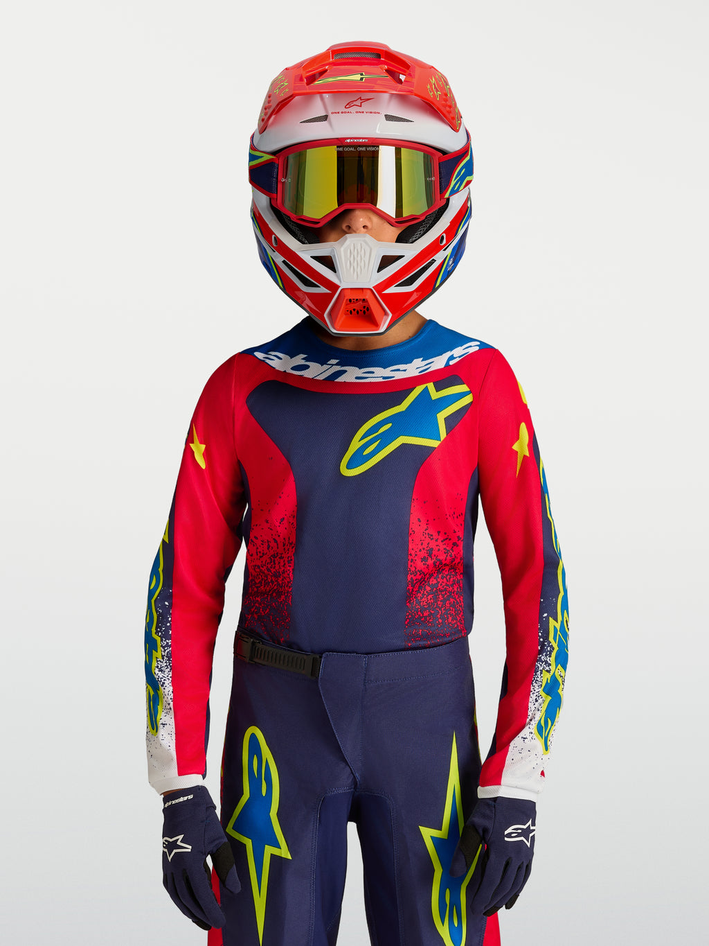 Alpinestars 2027 Fluid Drag Trøje Ungdom, mørkeblå og rød motocrosstrøje med gule detaljer, race-fit til terrænkørsel