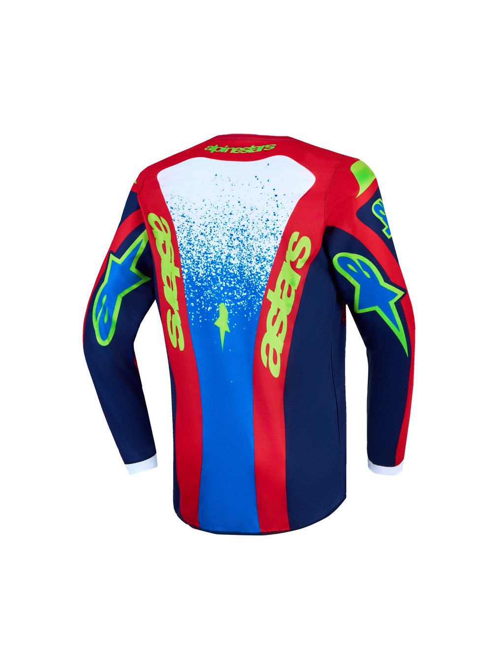 Alpinestars 2027 Fluid Drag Trøje Ungdom, motocross-trøje i blå og rød, set bagfra, fugttransporterende poly-stof med forlænget ryg og race-inspireret grafik.