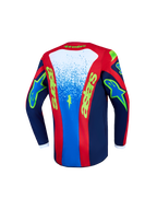 Alpinestars 2027 Fluid Drag Trøje Ungdom, motocross-trøje i blå og rød, set bagfra, fugttransporterende poly-stof med forlænget ryg og race-inspireret grafik.