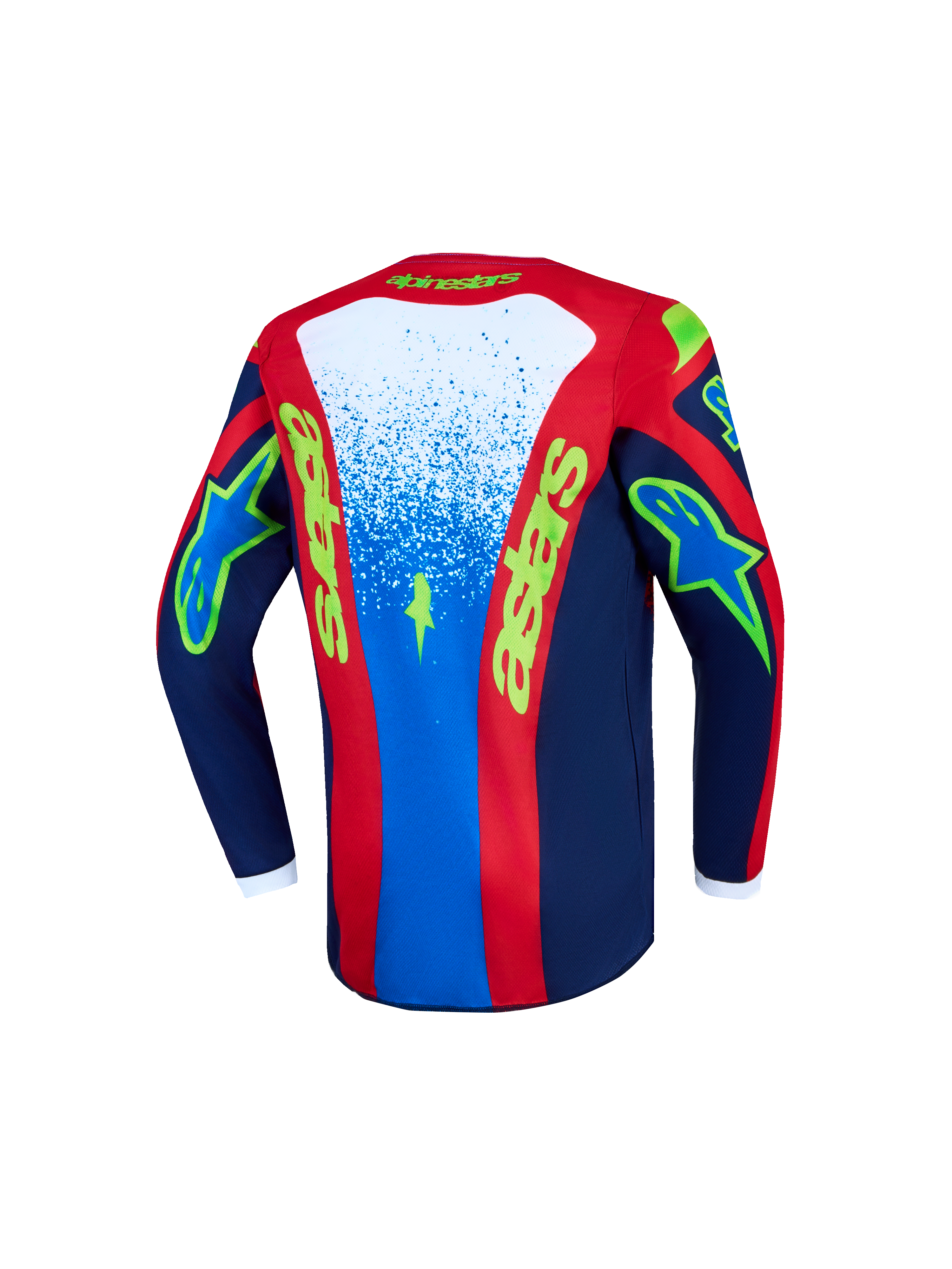 Alpinestars 2027 Fluid Drag Trøje Ungdom, motocross-trøje i blå og rød, set bagfra, fugttransporterende poly-stof med forlænget ryg og race-inspireret grafik.