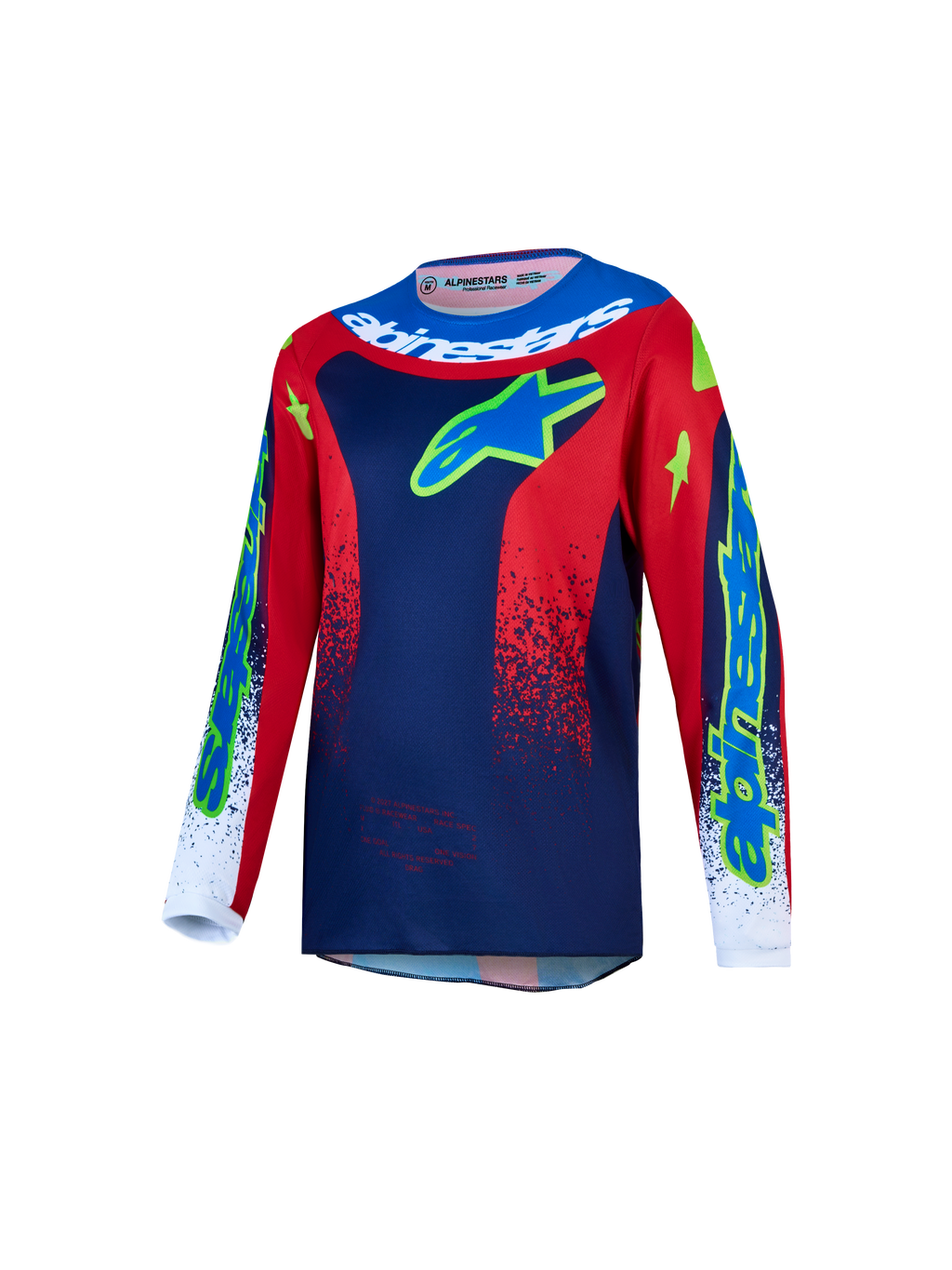Alpinestars 2027 Fluid Drag trøje til ungdom, blå og rød motocrosstrøje i fugttransporterende stof til off-road kørsel.