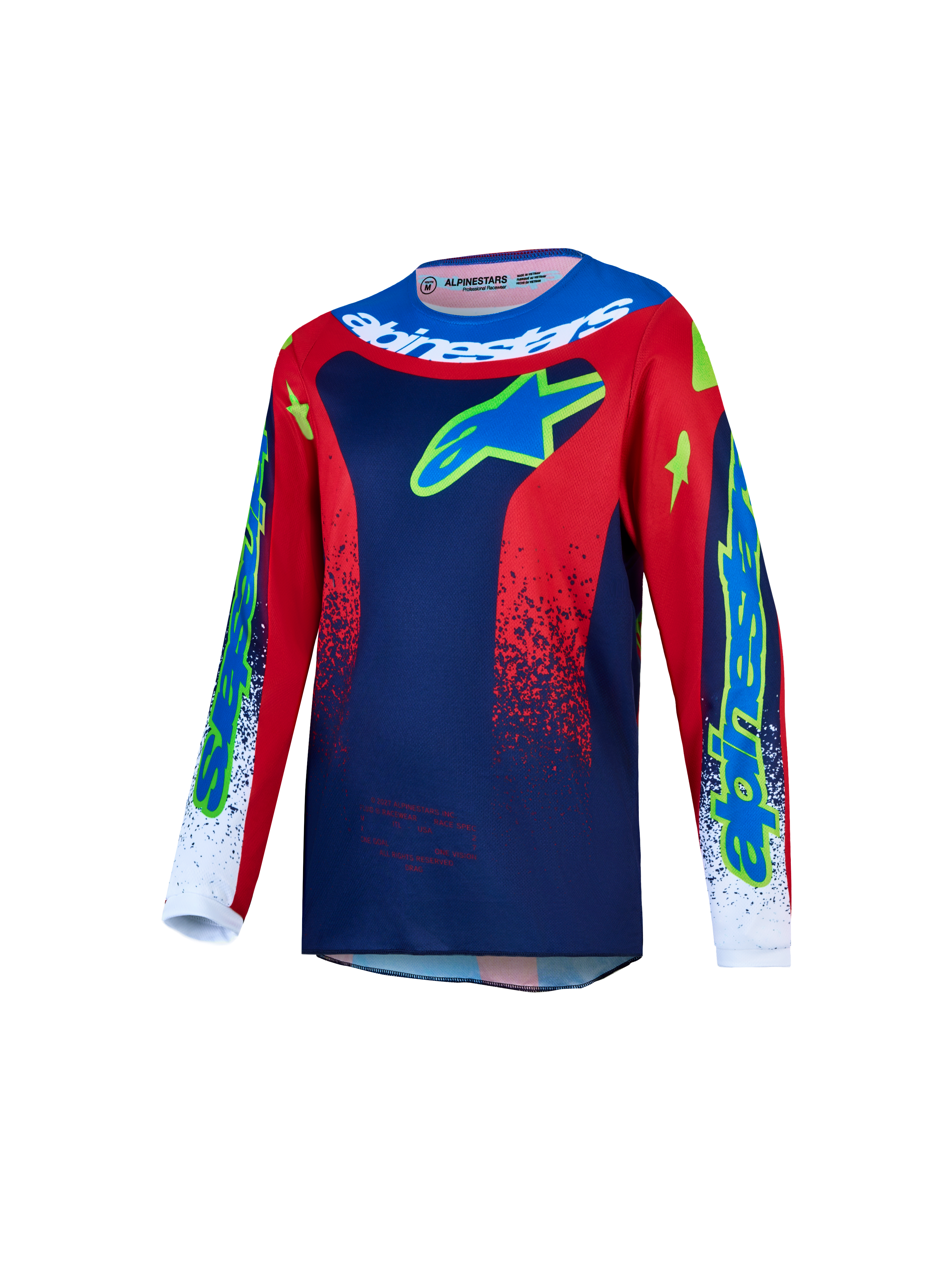 Alpinestars 2027 Fluid Drag trøje til ungdom, blå og rød motocrosstrøje i fugttransporterende stof til off-road kørsel.