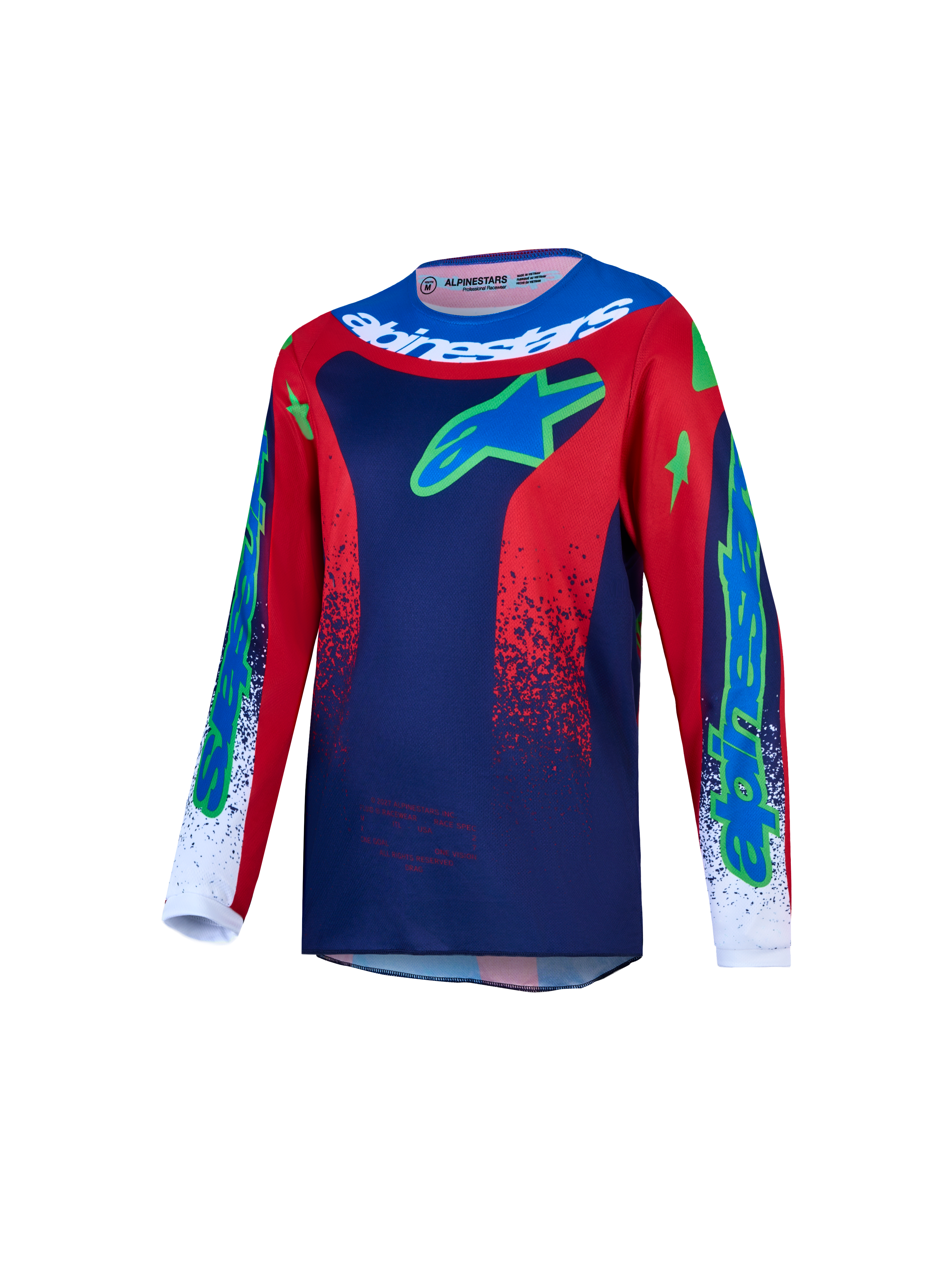 Alpinestars 2027 Youth Fluid Drag Jersey, Motocross, Youth, Blue Navy and Fire Red, breathable moisture-wicking textile.