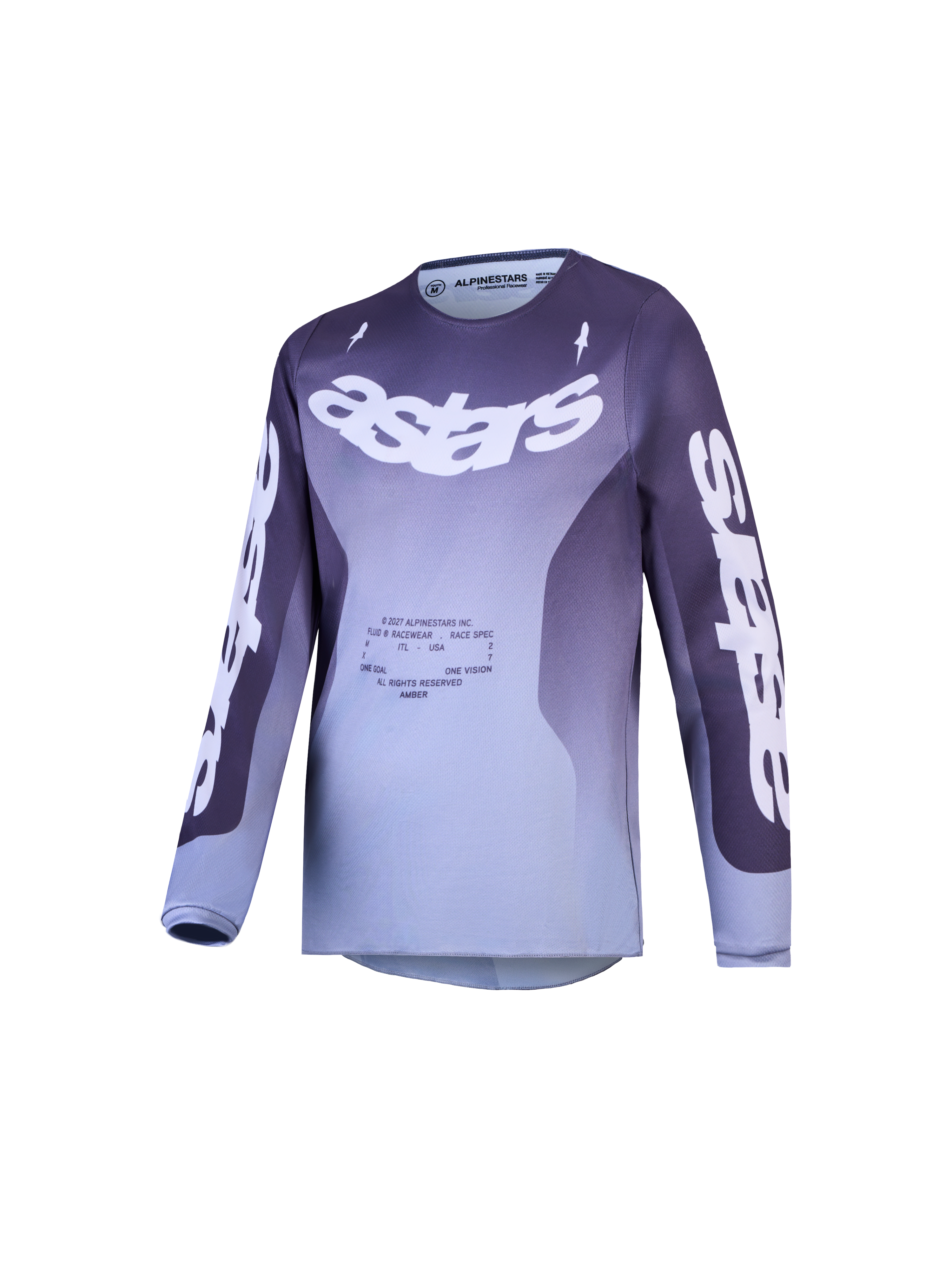 Alpinestars Ungdom Fluid Amber trøje, lilla og grå motocrosstrøje med gradient, Astars-branding og off-road design.