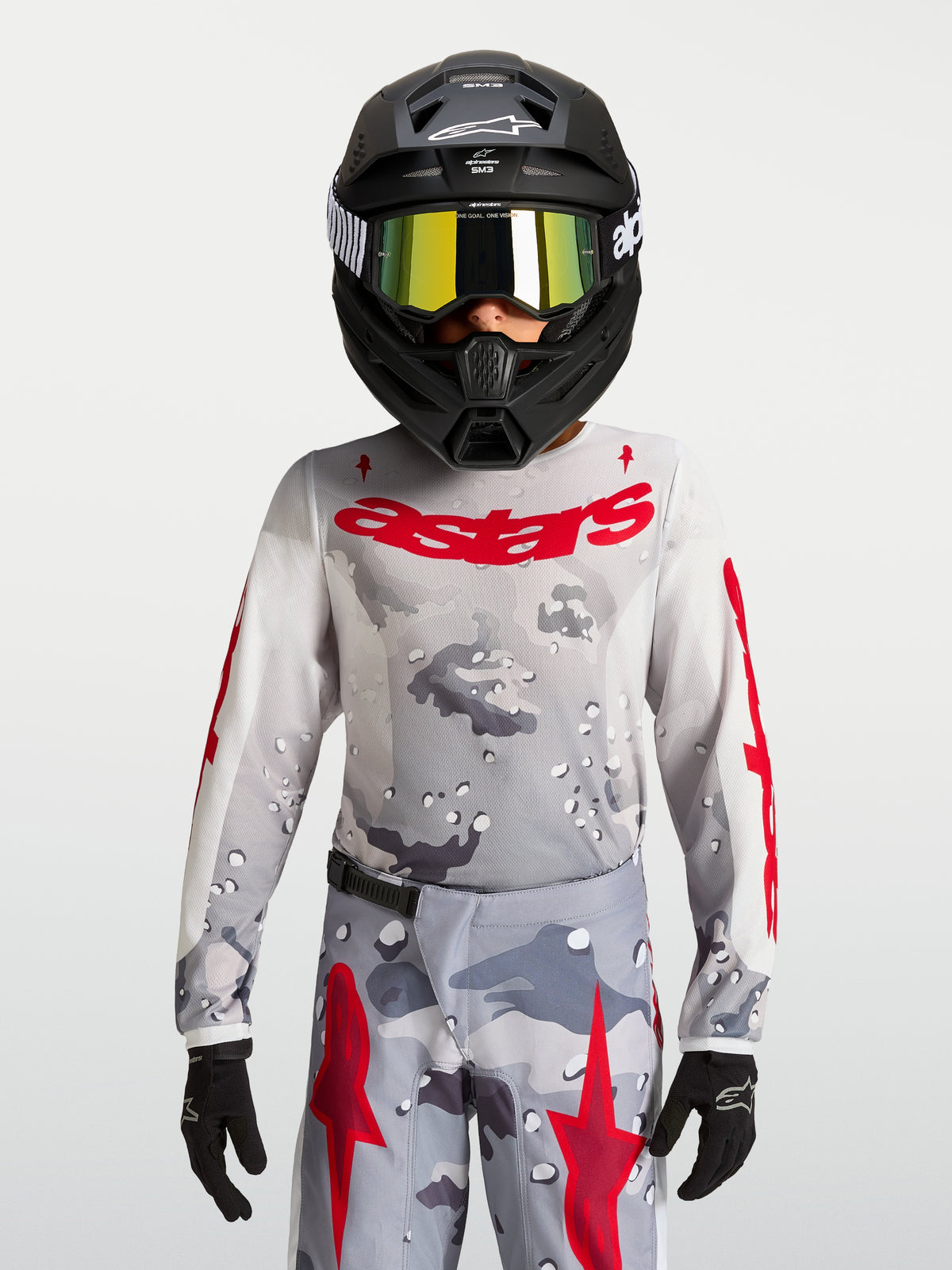 Alpinestars 2027 Youth Fluid Lone Jersey, gray camo and fire red motocross gear, performance textile construction.