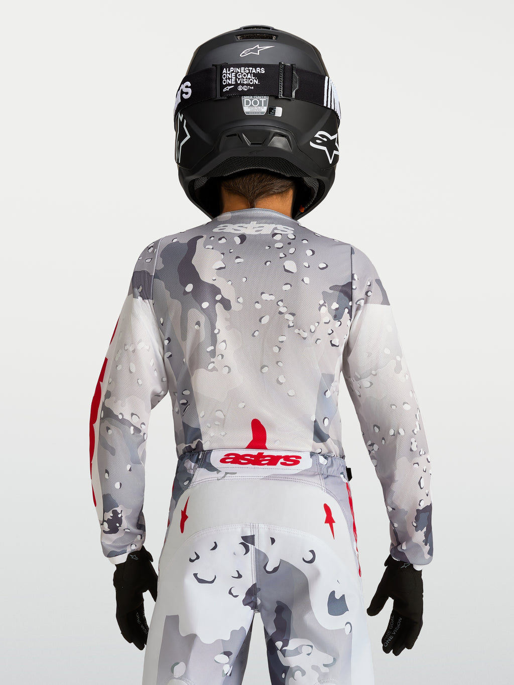 Alpinestars 2027 Youth Fluid Lone Jersey, gray camo motocross top, rear view with red accents and black helmet.