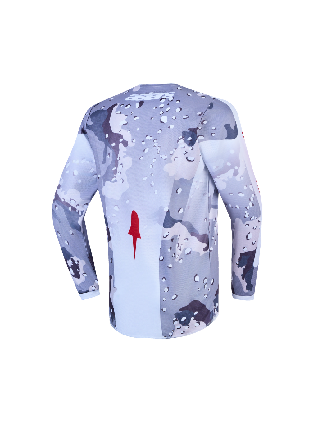 Alpinestars Fluid Lone trøje ungdom, motocrosstrøje i grå camo og hvid, fugttransporterende polytekstil, set bagfra.