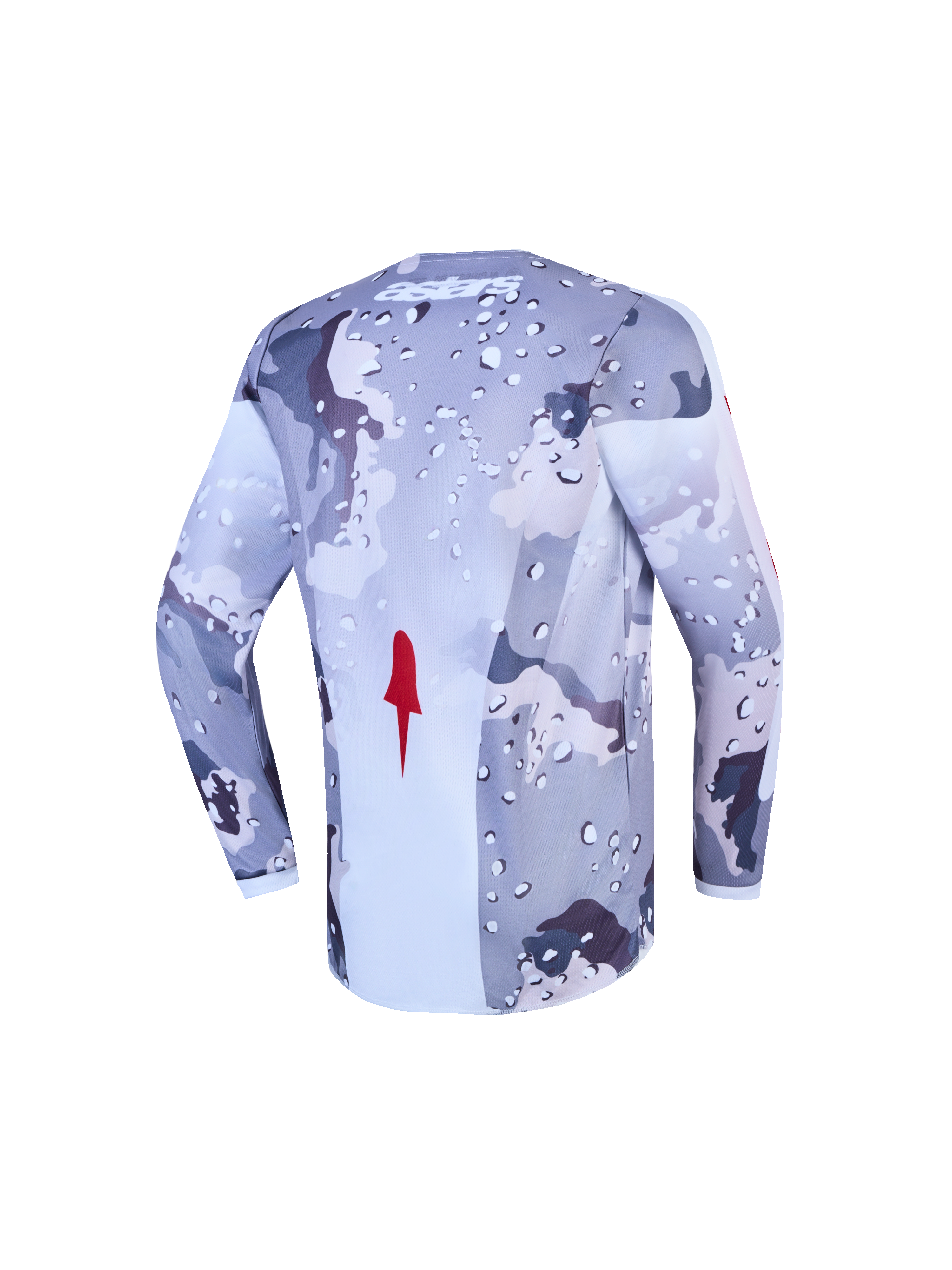 Alpinestars Fluid Lone trøje ungdom, motocrosstrøje i grå camo og hvid, fugttransporterende polytekstil, set bagfra.