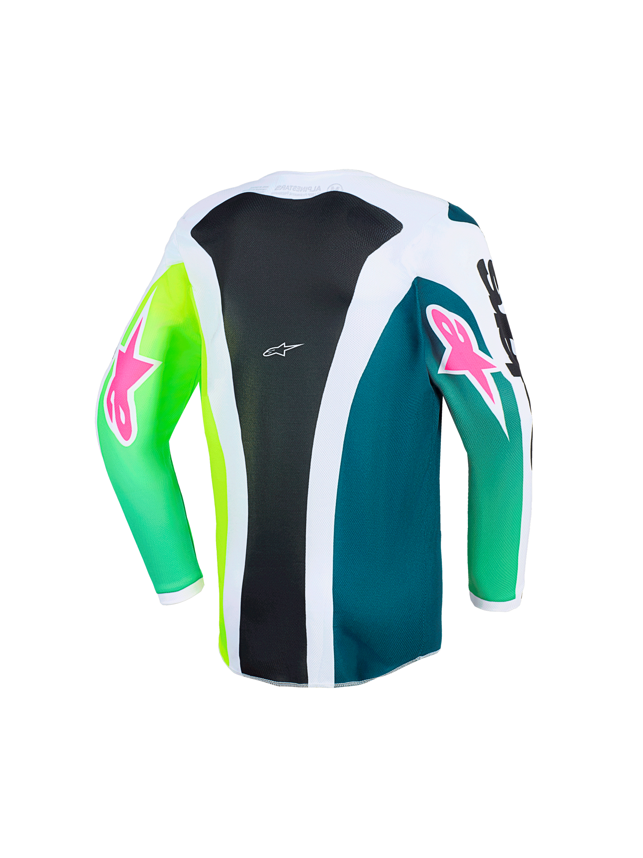 Alpinestars 2026 Youth Fluid Portl Jersey, motocrosstrøje, grøn, hvid og sort, set bagfra med et sort midterpanel med hvide striber, neongrønne og tealfarvede ærmer med lyserøde stjernelogoer, åndbart polyfabrik til motocross-racerløb for unge