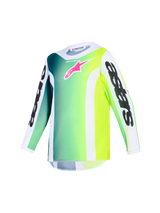 Alpinestars 2026 Youth Fluid Portl Jersey, motocross jersey, grøn, hvid og sort farveovergang med lyserødt logo på brystet, langærmet performance-top med Alpinestars-branding på ærmerne, atletisk ergonomisk pasform til unge ryttere