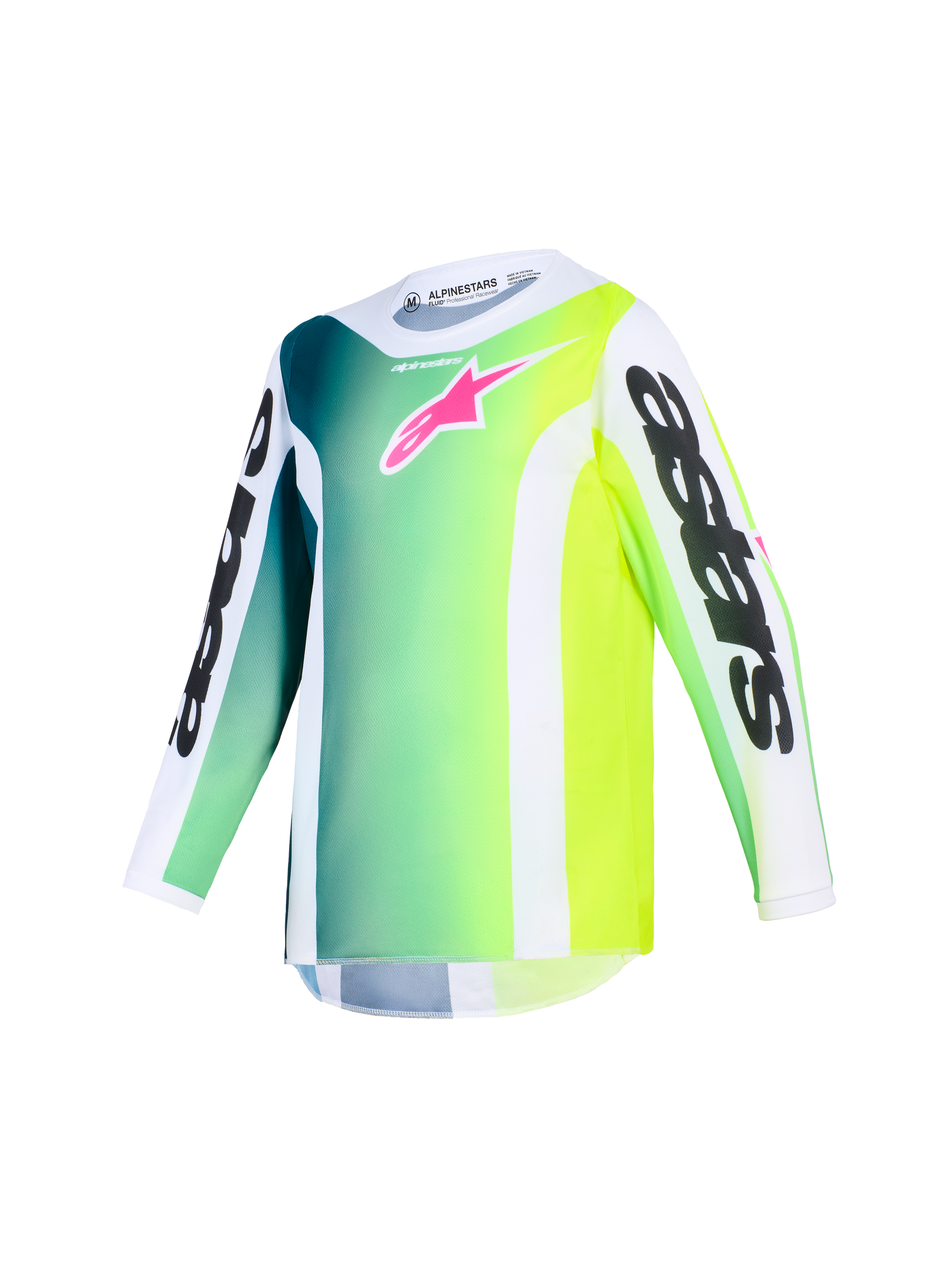 Alpinestars 2026 Youth Fluid Portl Jersey, motocross jersey, grøn, hvid og sort farveovergang med lyserødt logo på brystet, langærmet performance-top med Alpinestars-branding på ærmerne, atletisk ergonomisk pasform til unge ryttere