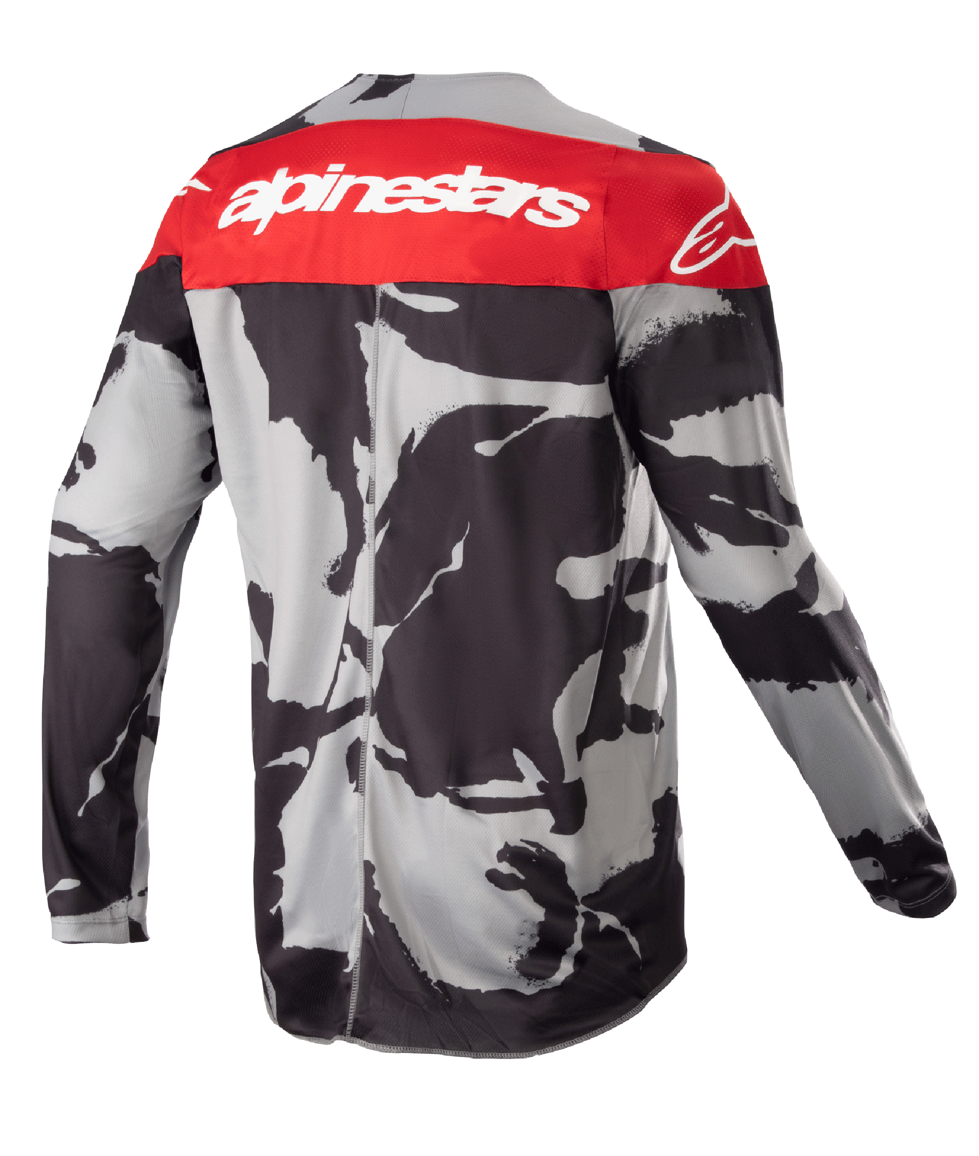 Alpinestars Youth 2023 Racer Tactical Jersey, motocross-trøje, Cast Gray Camo og Mars Red, set bagfra med et rødt skulderpanel med hvidt Alpinestars-branding, abstrakt sort og gråt camouflagemønster, let og fugttransporterende udstyr til off-road racing