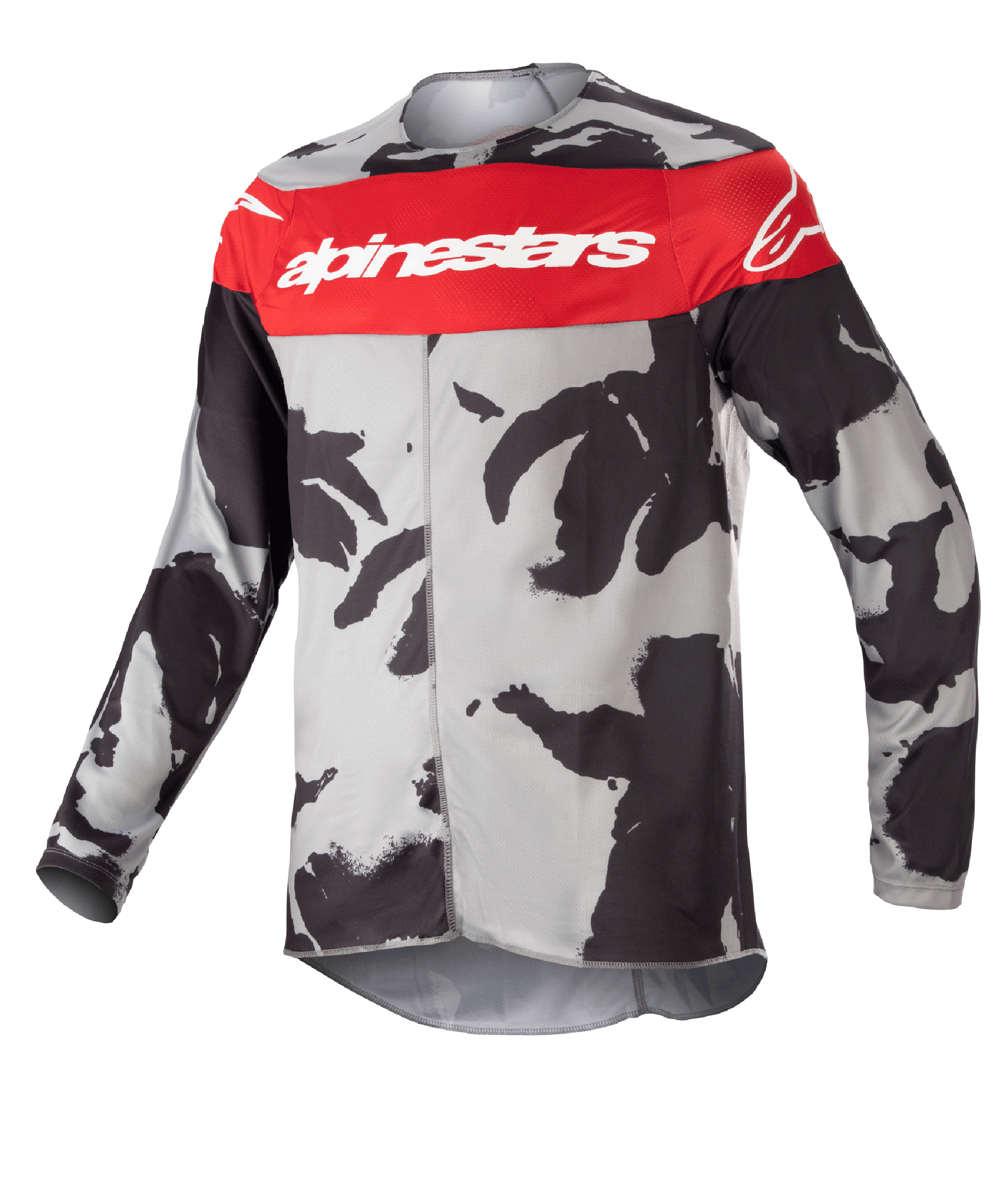 Alpinestars Youth 2023 Racer Tactical Jersey, Motocross Jersey, Cast Gray Camo and Mars Red, featuring a horizontal red chest band with white Alpinestars logo, gray and black camouflage pattern, lightweight moisture-wicking fabric for off-road riding
