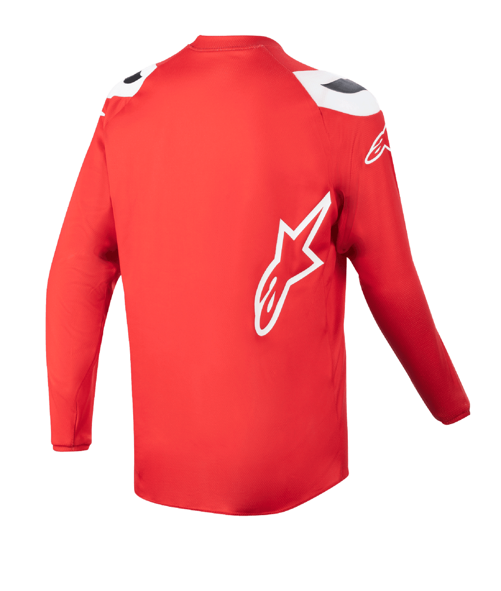 Alpinestars Youth 2023 Racer Narin Jersey, Motocross Jersey, Mars Red and White, back view showing extended rear hem, white Alpinestars star logo on side, performance off-road apparel