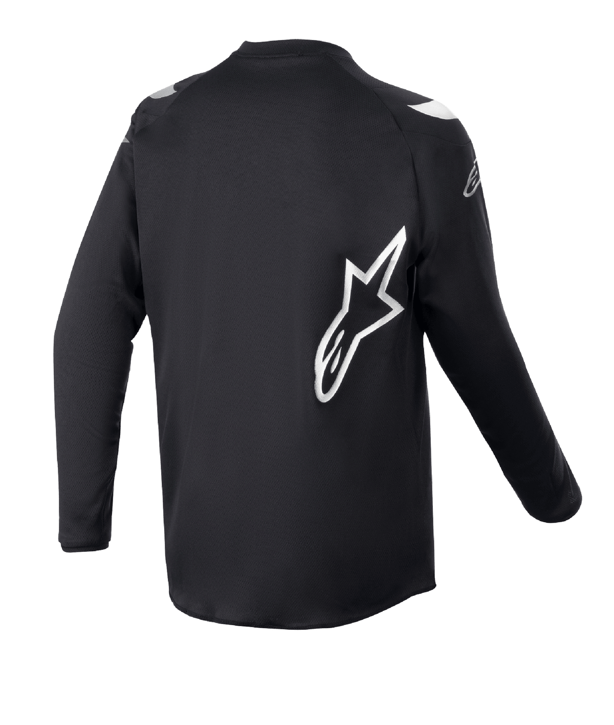 Alpinestars Youth 2023 Racer Graphite trøje, motocross-trøje, Black Reflective Black, set bagfra med stort hvidt Alpinestars-stjernelogo, teknisk fugtafledende materiale, lange ærmer, slidstærkt off-road-tøj
