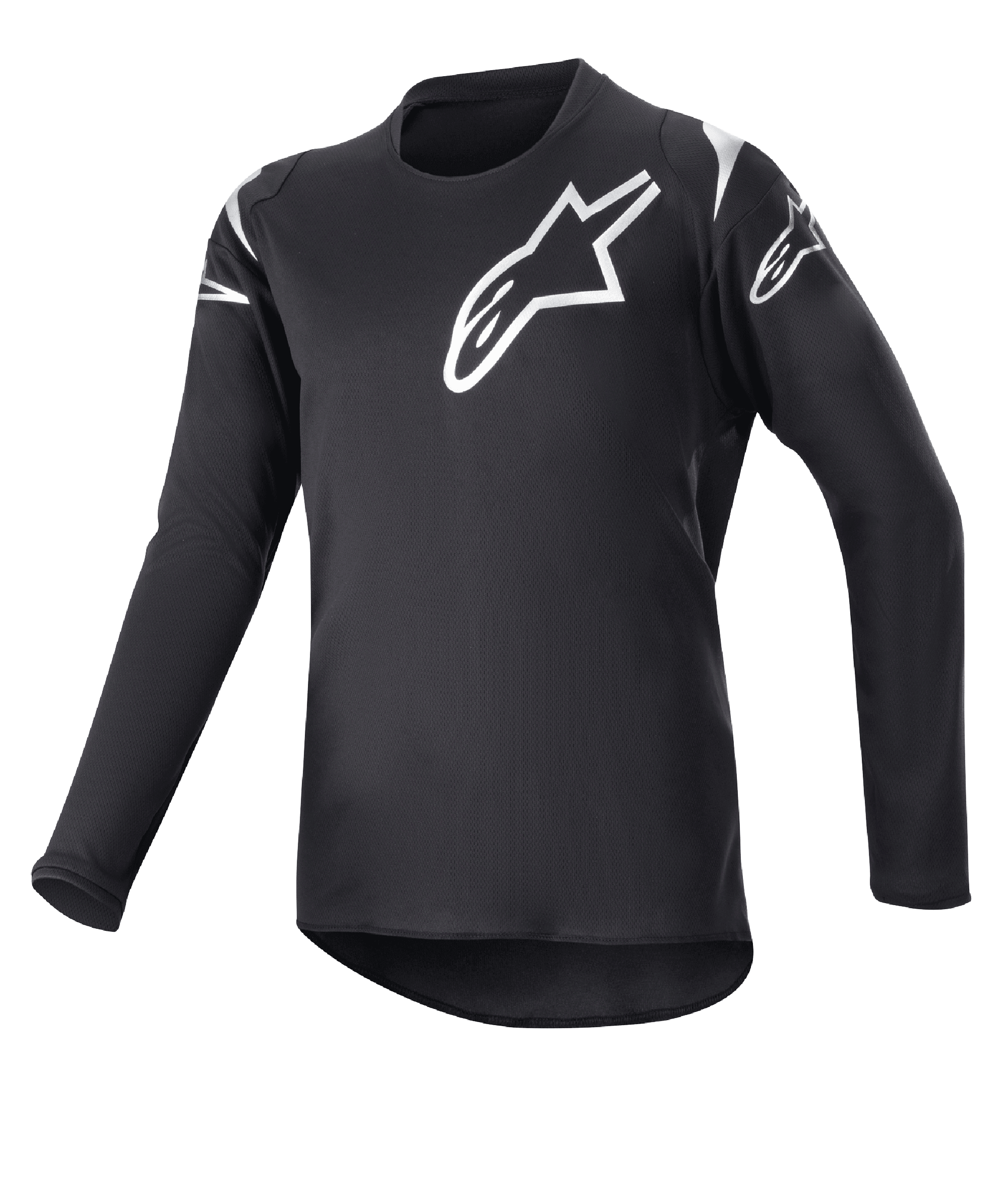 Alpinestars Youth 2023 Racer Graphite trøje, motocross-jersey til unge, sort og reflekterende sort, hvide stjernelogoer på bryst og skuldre, langærmet, let, fugtafledende materiale med forlænget rygstykke, sportsligt design til off-road kørsel