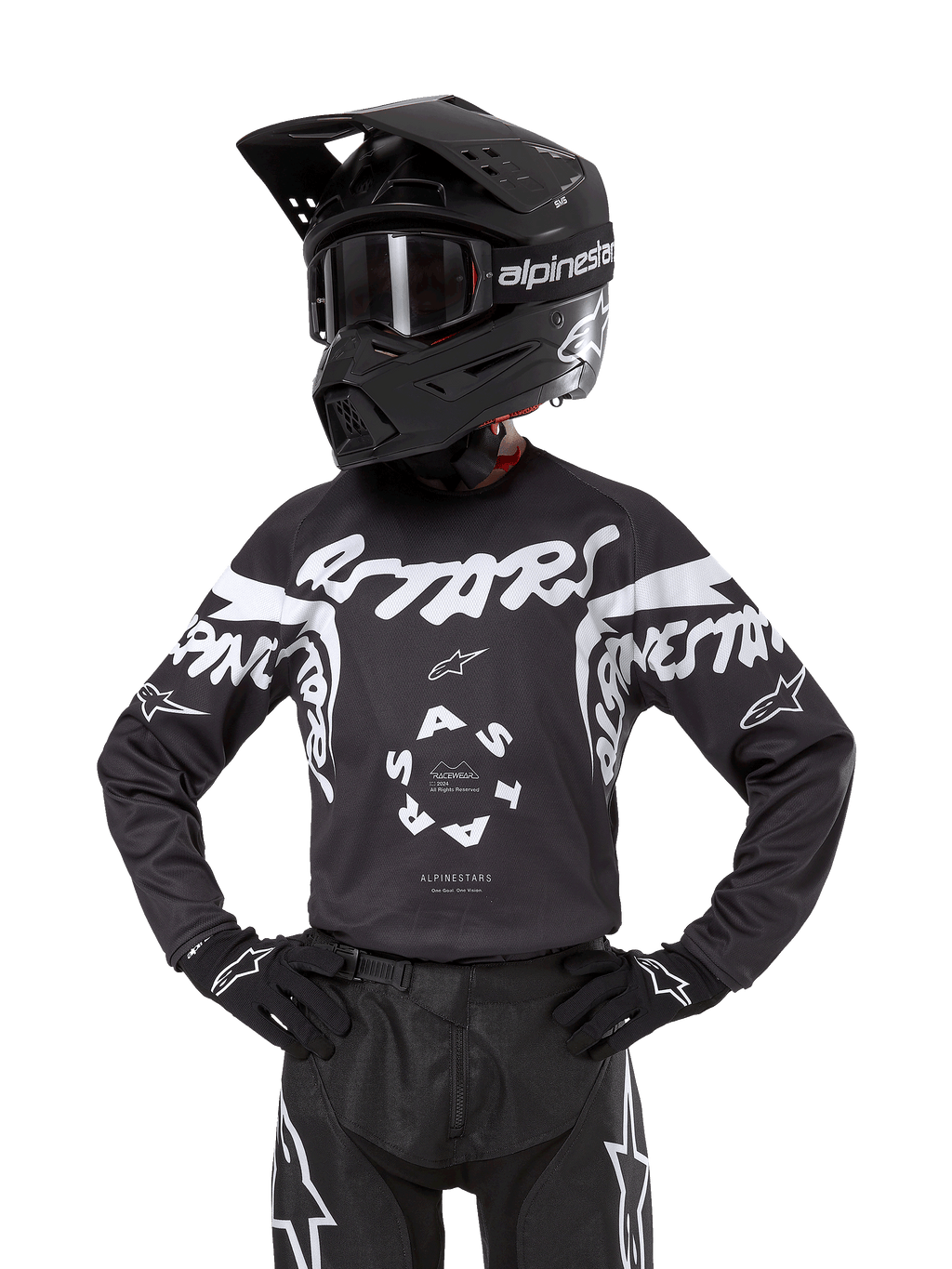 Alpinestars 2024 Youth Racer Hana trøje, motocross-trøje til unge, sort med hvid grafik og logoer, vist med sort hjelm og handsker, holdbart og let materiale til terrænkørsel
