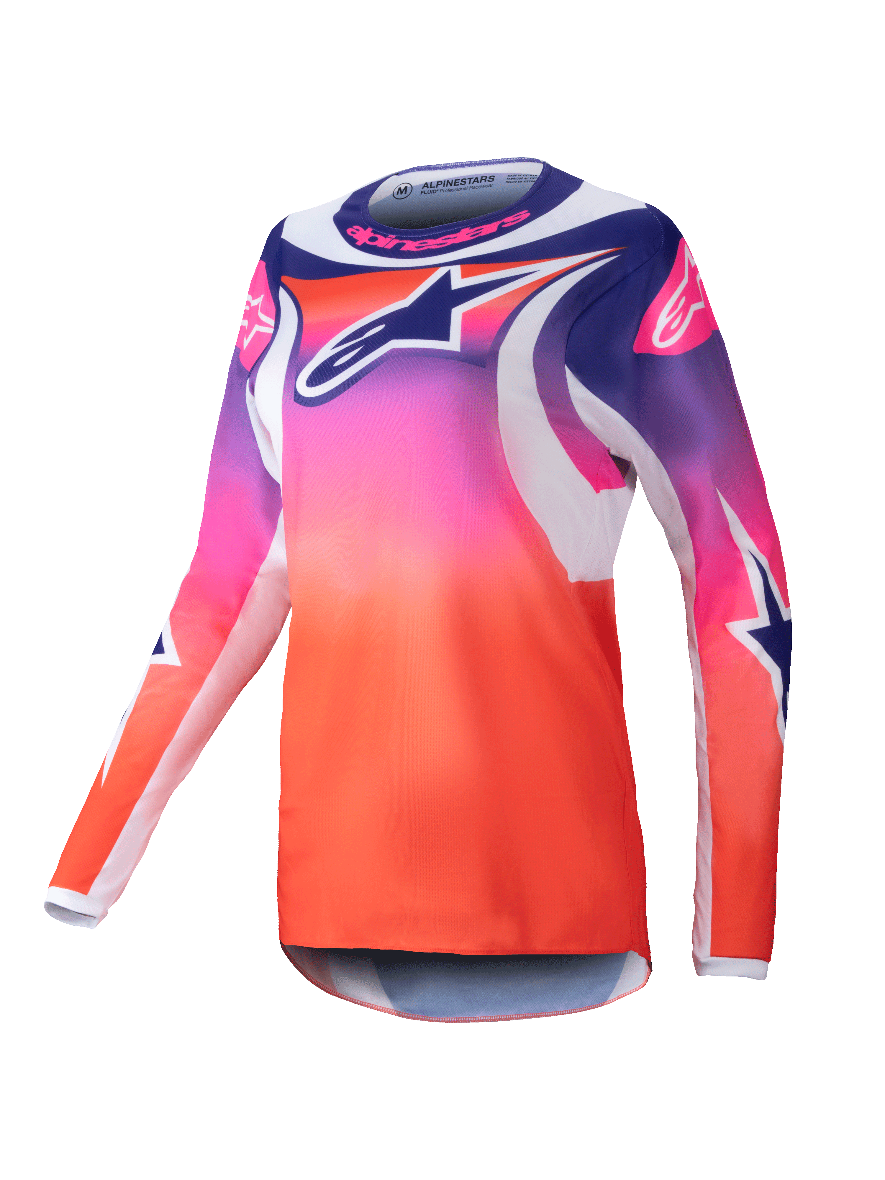 Alpinestars 2025 Stella Fluid Wurx Jersey, Women's Motocross Jersey, purple pink and orange gradient with navy and white star graphics, long-sleeve athletic fit, round neck, performance off-road apparel