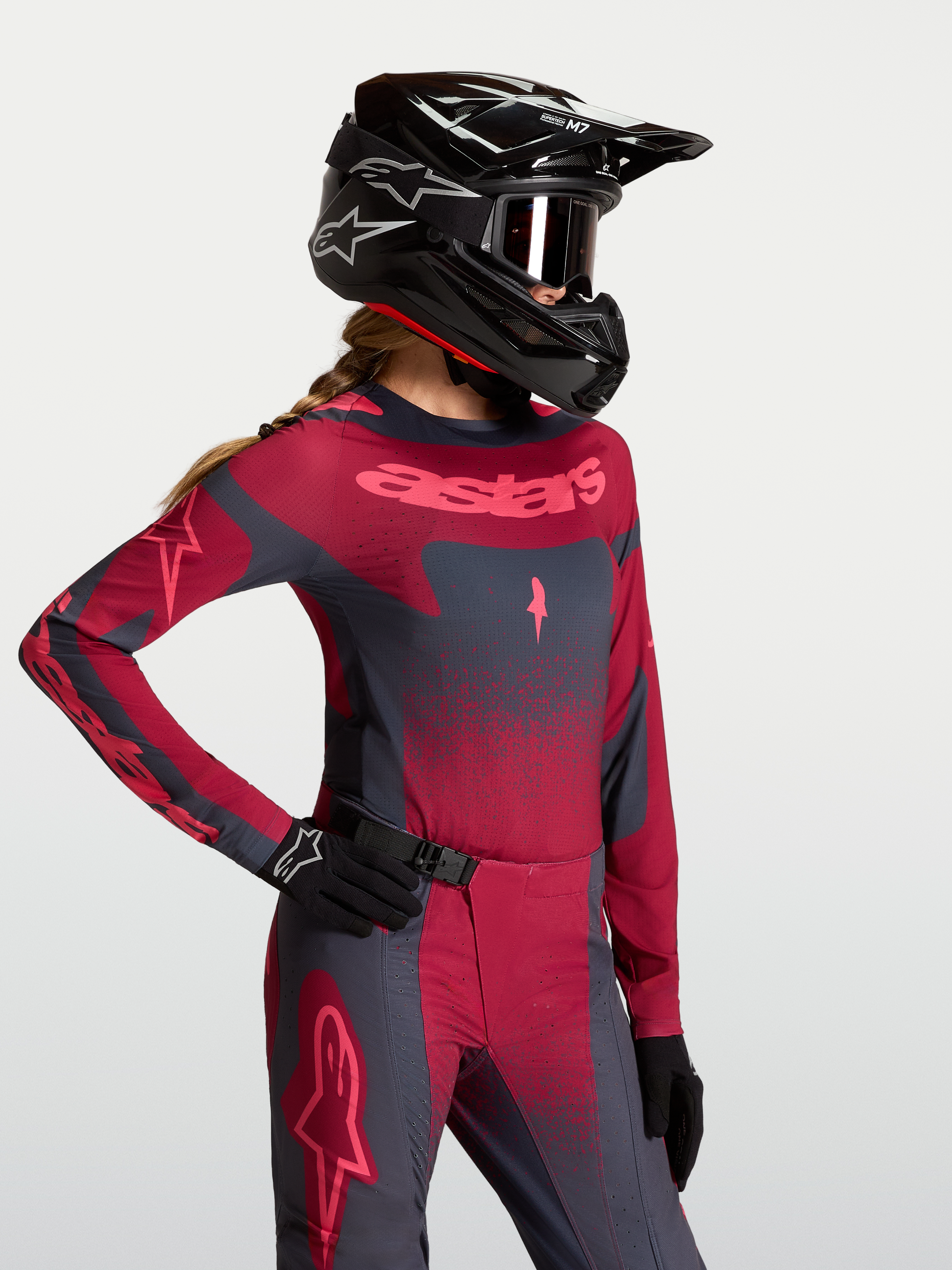 Alpinestars Stella Techstar Swan Jersey, women's crimson and dark gray motocross gear with athletic performance fit.