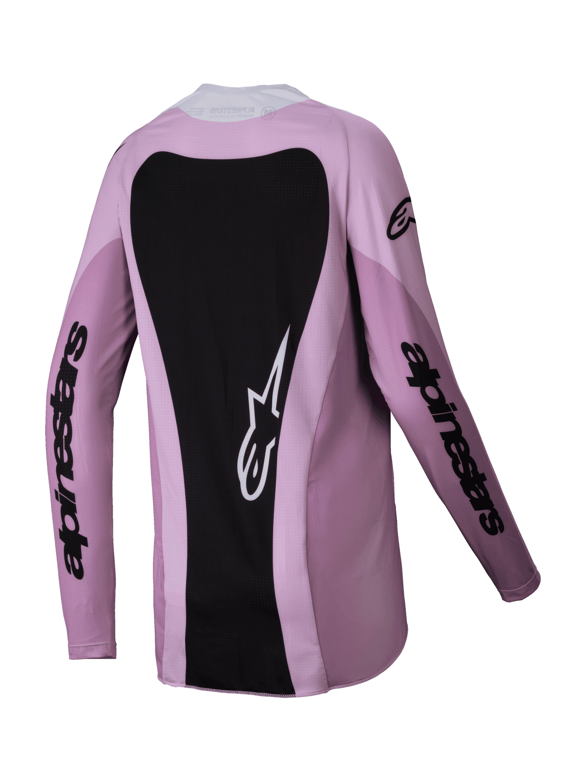 Alpinestars 2025 Stella Techstar Melt jersey til kvinder, motocross-trøje, Blush Black, set bagfra med et stort sort rygpanel med et hvidt Astars-logo, sort branding på ærmerne, letvægts poly-stof konstruktion til off-road racing