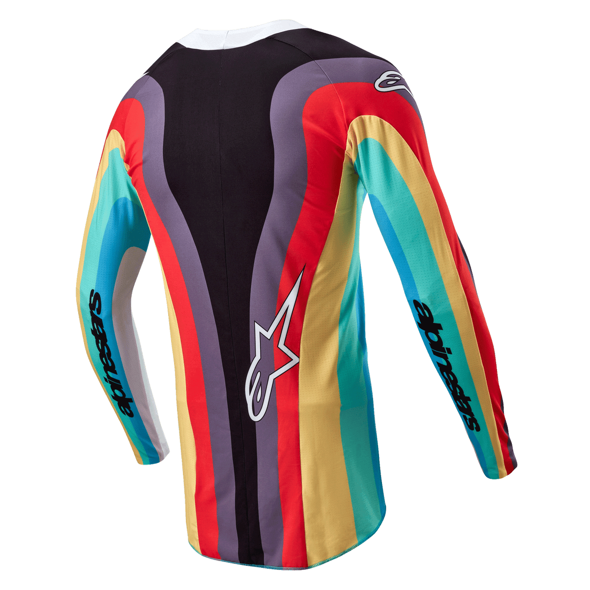 Alpinestars Stella 2024 Techstar trøje til kvinder, motocross trøje, sort multicolor, set bagfra med et levende bølget flerfarvet mønster i rød, gul og turkis, hvidt Astar-logo nederst på ryggen, Alpinestars-branding på ærmerne