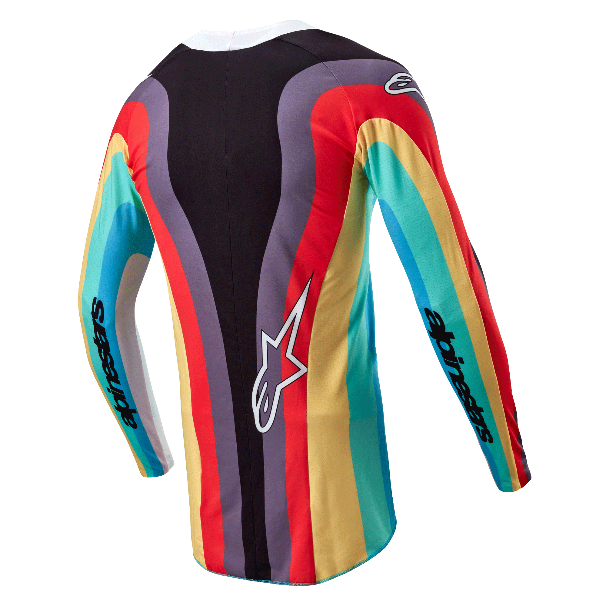 Alpinestars Stella 2024 Techstar trøje til kvinder, motocross trøje, sort multicolor, set bagfra med et levende bølget flerfarvet mønster i rød, gul og turkis, hvidt Astar-logo nederst på ryggen, Alpinestars-branding på ærmerne