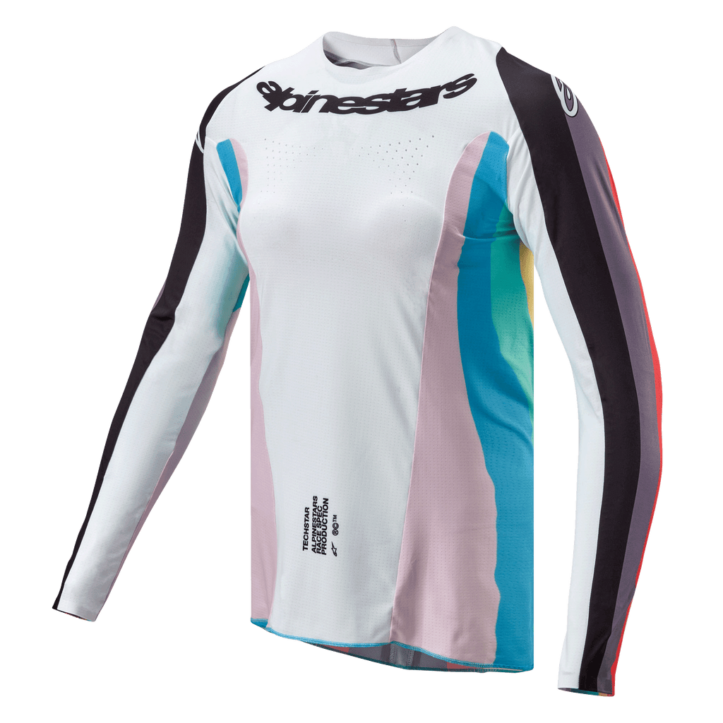 Alpinestars Stella 2024 Techstar Jersey til kvinder, motocross-trøje, sort multifarvet, hvid krop med lyserøde og blågrønne sidepaneler, sortstribede ærmer, Alpinestars logo på brystet, atletisk pasform til kvinder med ventilationsperforeringer