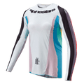 Alpinestars Stella 2024 Techstar Jersey til kvinder, motocross-trøje, sort multifarvet, hvid krop med lyserøde og blågrønne sidepaneler, sortstribede ærmer, Alpinestars logo på brystet, atletisk pasform til kvinder med ventilationsperforeringer
