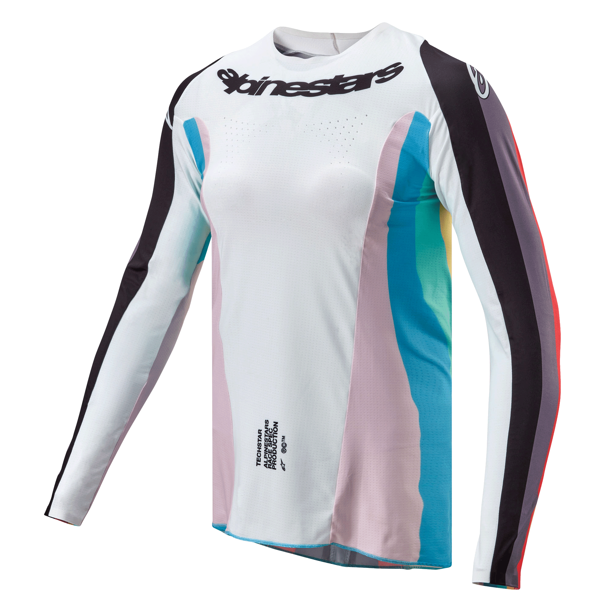Alpinestars Stella 2024 Techstar Jersey til kvinder, motocross-trøje, sort multifarvet, hvid krop med lyserøde og blågrønne sidepaneler, sortstribede ærmer, Alpinestars logo på brystet, atletisk pasform til kvinder med ventilationsperforeringer