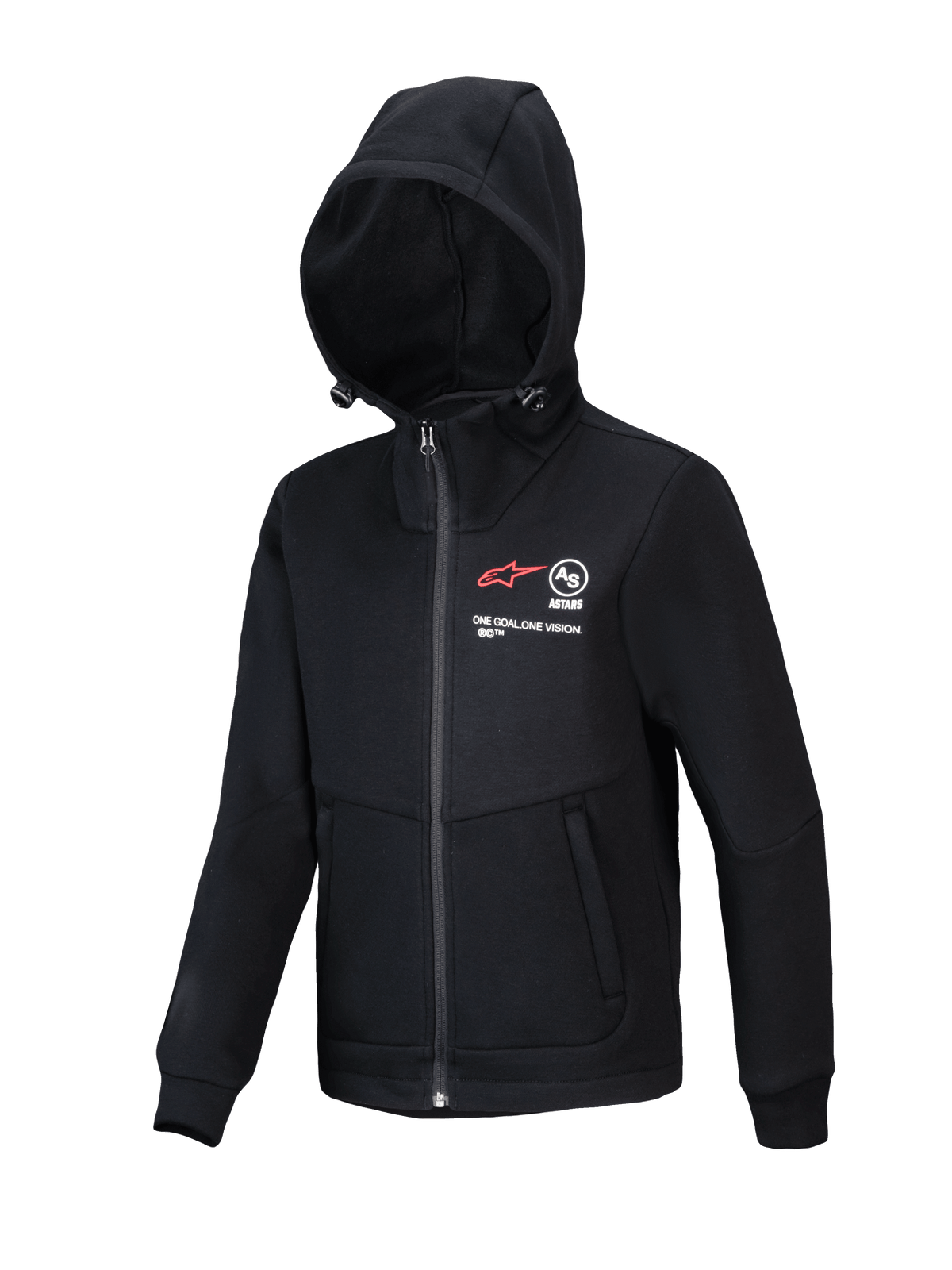Alpinestars Youth Racer MX Fleece, sort motocross hættetrøje, jakke med fuld lynlås og justerbar hætte, rødt A-star logo, "ONE GOAL. ONE VISION." branding, lynlåslommer, casual performance-beklædning til unge kørere