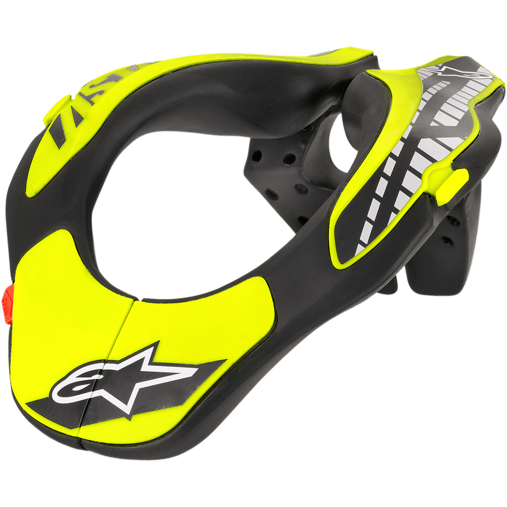 Alpinestars Youth Neck Support, Motocross Neck Brace, Black and Yellow Fluo, featuring an ergonomically profiled frame with Alpinestars star logo, lightweight construction for youth motocross and off-road protection
