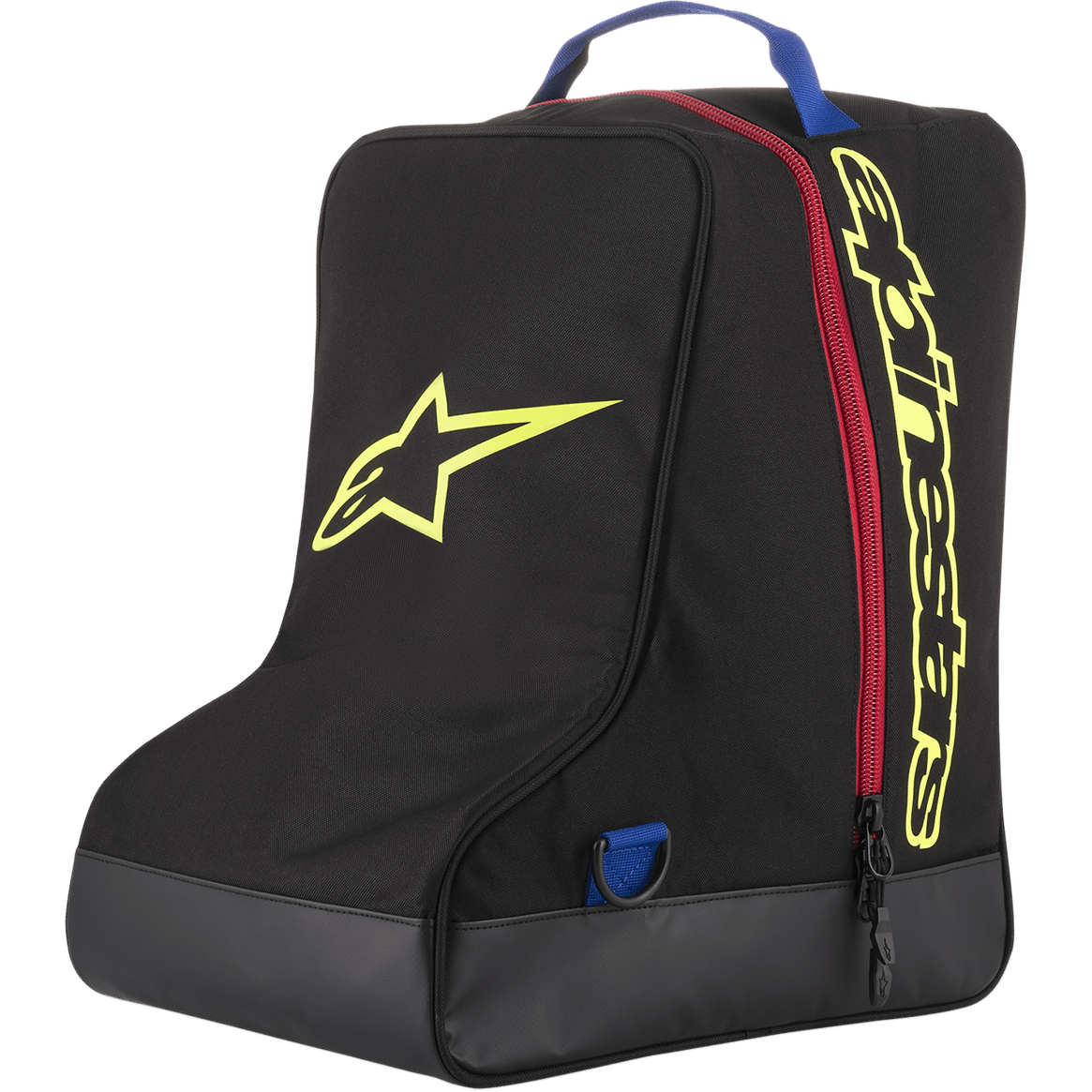 Alpinestars Boot Bag, sort og gul, opbevaringstaske til motocross-udstyr, rød lynlås og blåt håndtag, med stort gult stjerne-logo og Alpinestars-branding, slidstærk presenningsbund, specialiseret taske til off-road racingstøvler