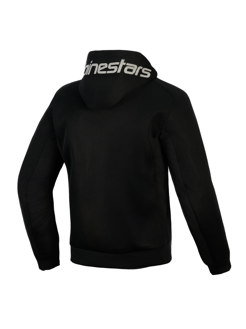 Alpinestars Chrome Superairflow Hoodie, sort, set bagfra, med hvidt Alpinestars-branding på hætten, fuld 3D teknisk mesh-konstruktion til ventilation, beskyttende motorcykelbeklædning til varmt vejr