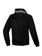 Alpinestars Chrome Superairflow Hoodie, sort, set bagfra, med hvidt Alpinestars-branding på hætten, fuld 3D teknisk mesh-konstruktion til ventilation, beskyttende motorcykelbeklædning til varmt vejr