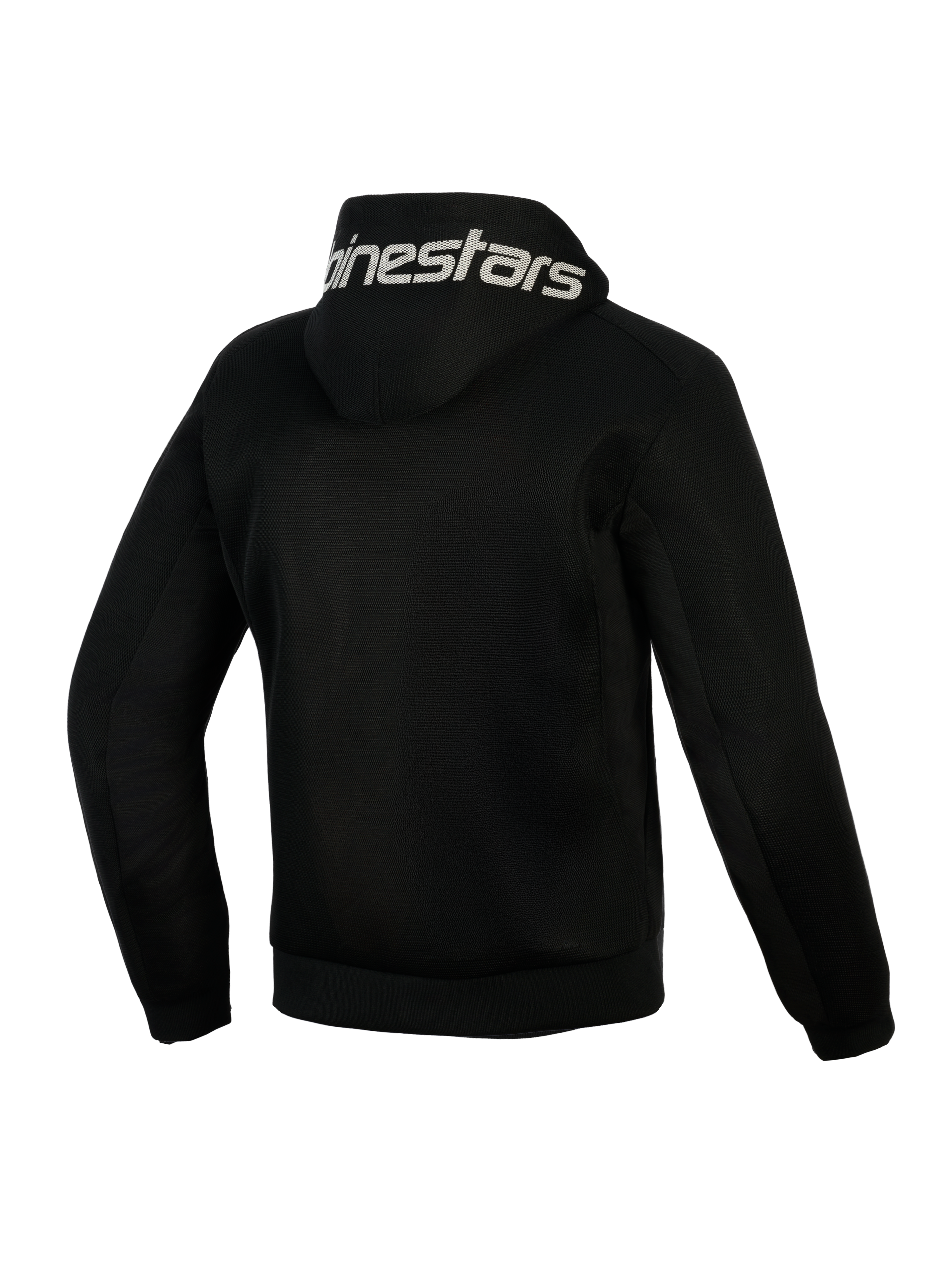 Alpinestars Chrome Superairflow Hoodie, sort, set bagfra, med hvidt Alpinestars-branding på hætten, fuld 3D teknisk mesh-konstruktion til ventilation, beskyttende motorcykelbeklædning til varmt vejr