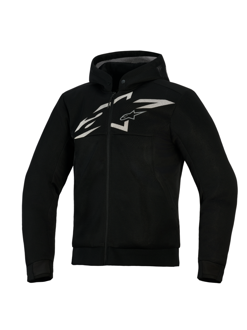 Alpinestars Chrome Superairflow Hoodie, ventileret motorcykelhættetrøje, sort med hvidt og gråt logo, med fuld 3D mesh-konstruktion, lynlås foran med integreret hætte, atletisk pasform til sportskørsel