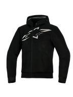 Alpinestars Chrome Superairflow Hoodie, ventileret motorcykelhættetrøje, sort med hvidt og gråt logo, med fuld 3D mesh-konstruktion, lynlås foran med integreret hætte, atletisk pasform til sportskørsel