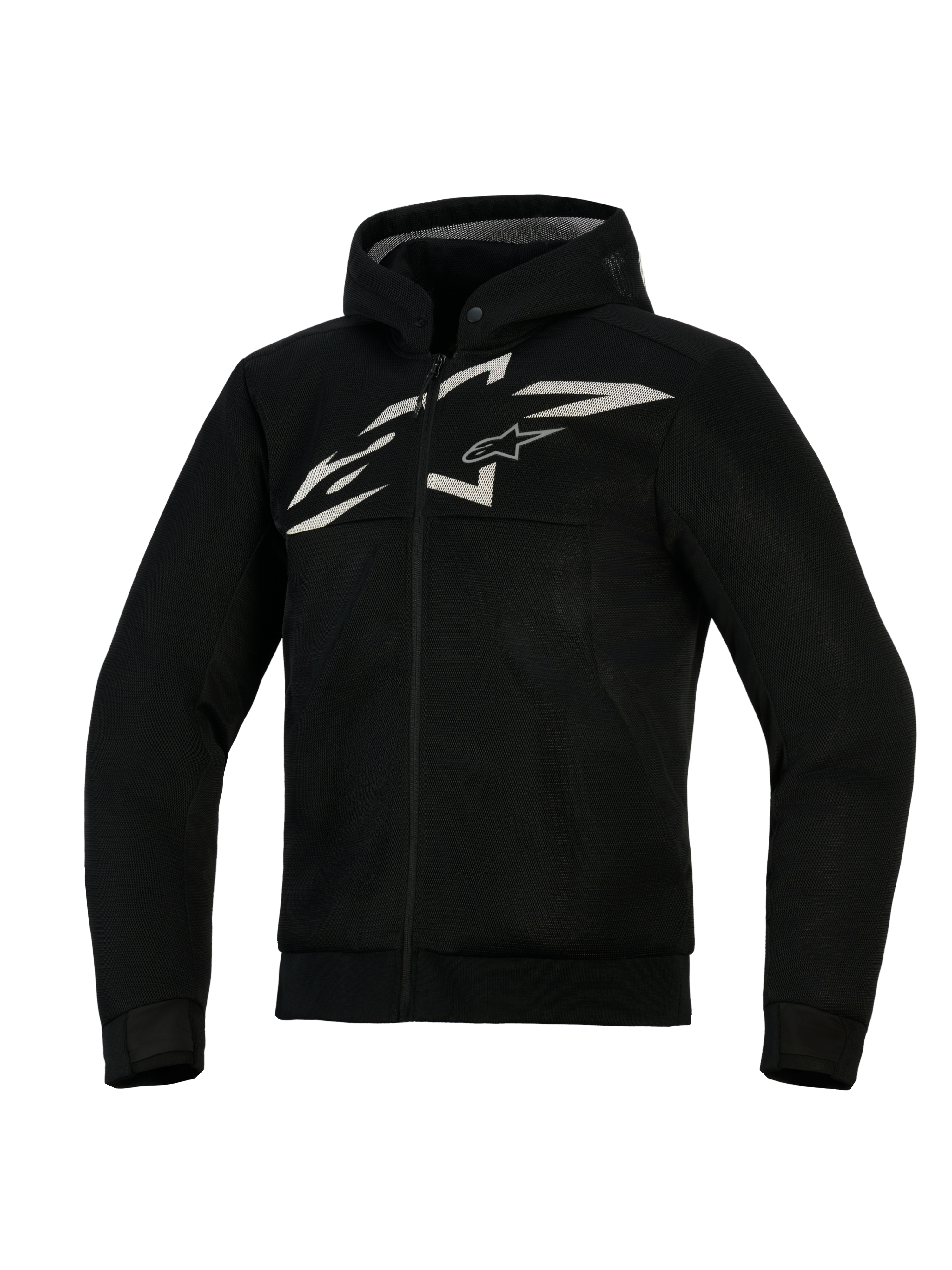 Alpinestars Chrome Superairflow Hoodie, ventileret motorcykelhættetrøje, sort med hvidt og gråt logo, med fuld 3D mesh-konstruktion, lynlås foran med integreret hætte, atletisk pasform til sportskørsel