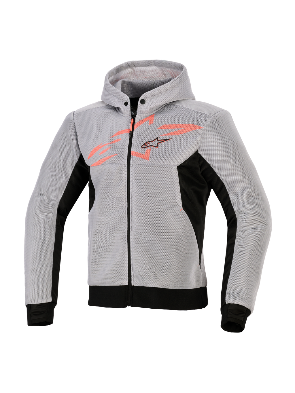 Alpinestars Chrome Superairflow Hoodie, teknisk køretrøje, sort, mellemgrå og fluorescerende rød, 3D teknisk mesh-konstruktion, lysegrå med sorte sidepaneler og kant, fluorescerende rød grafik på brystet med Alpinestars stjernelogo, sporty motorcykeludstyr