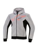 Alpinestars Chrome Superairflow Hoodie, teknisk køretrøje, sort, mellemgrå og fluorescerende rød, 3D teknisk mesh-konstruktion, lysegrå med sorte sidepaneler og kant, fluorescerende rød grafik på brystet med Alpinestars stjernelogo, sporty motorcykeludstyr