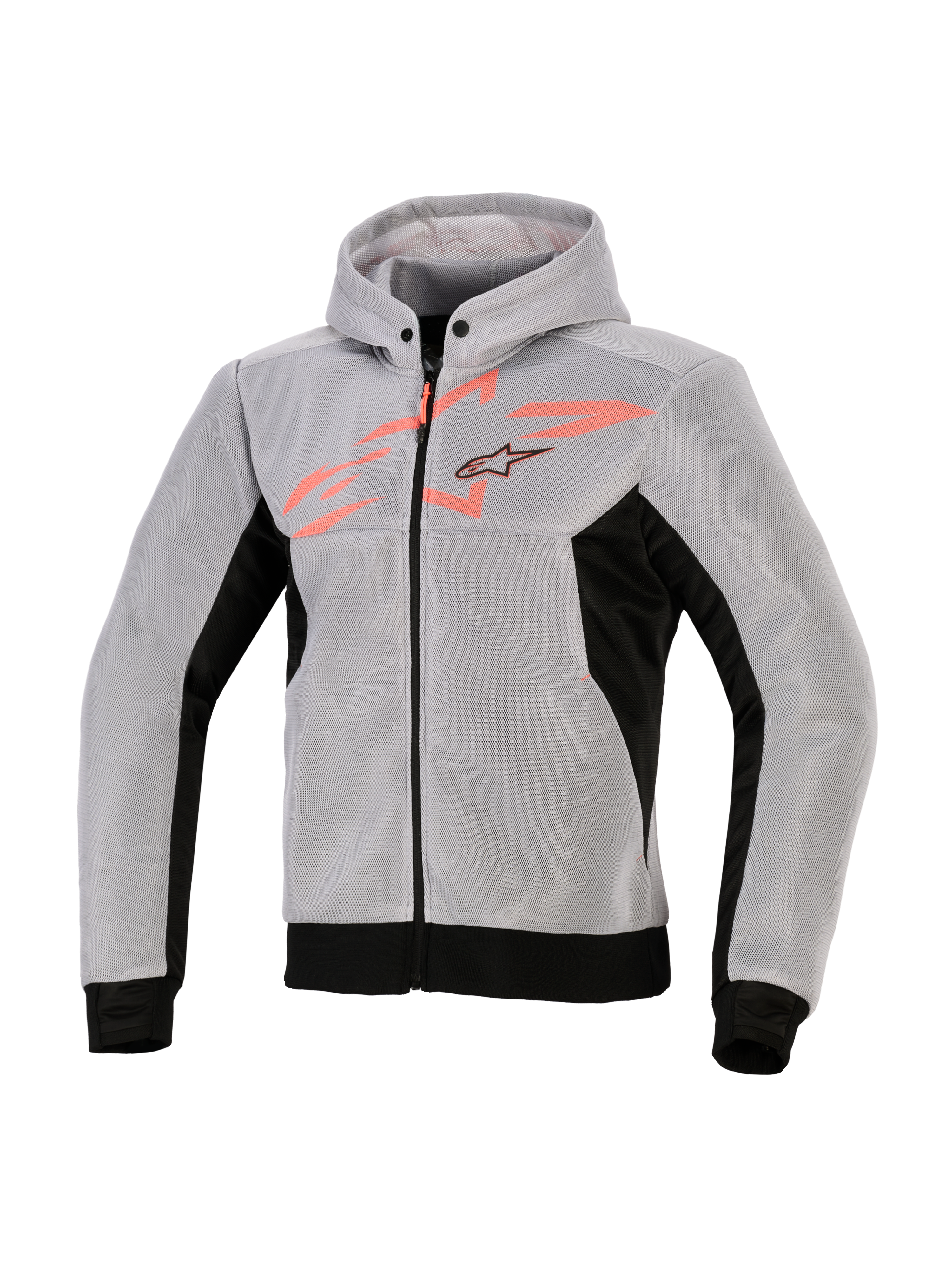 Alpinestars Chrome Superairflow Hoodie, teknisk køretrøje, sort, mellemgrå og fluorescerende rød, 3D teknisk mesh-konstruktion, lysegrå med sorte sidepaneler og kant, fluorescerende rød grafik på brystet med Alpinestars stjernelogo, sporty motorcykeludstyr
