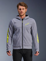 Alpinestars Chrome V2 Sport Hoodie, Gray Heather and Fluo Yellow, front view on model, tech fleece motorcycle hoodie with zippered front, neon yellow star logo on chest and branding on sleeves, casual urban riding gear