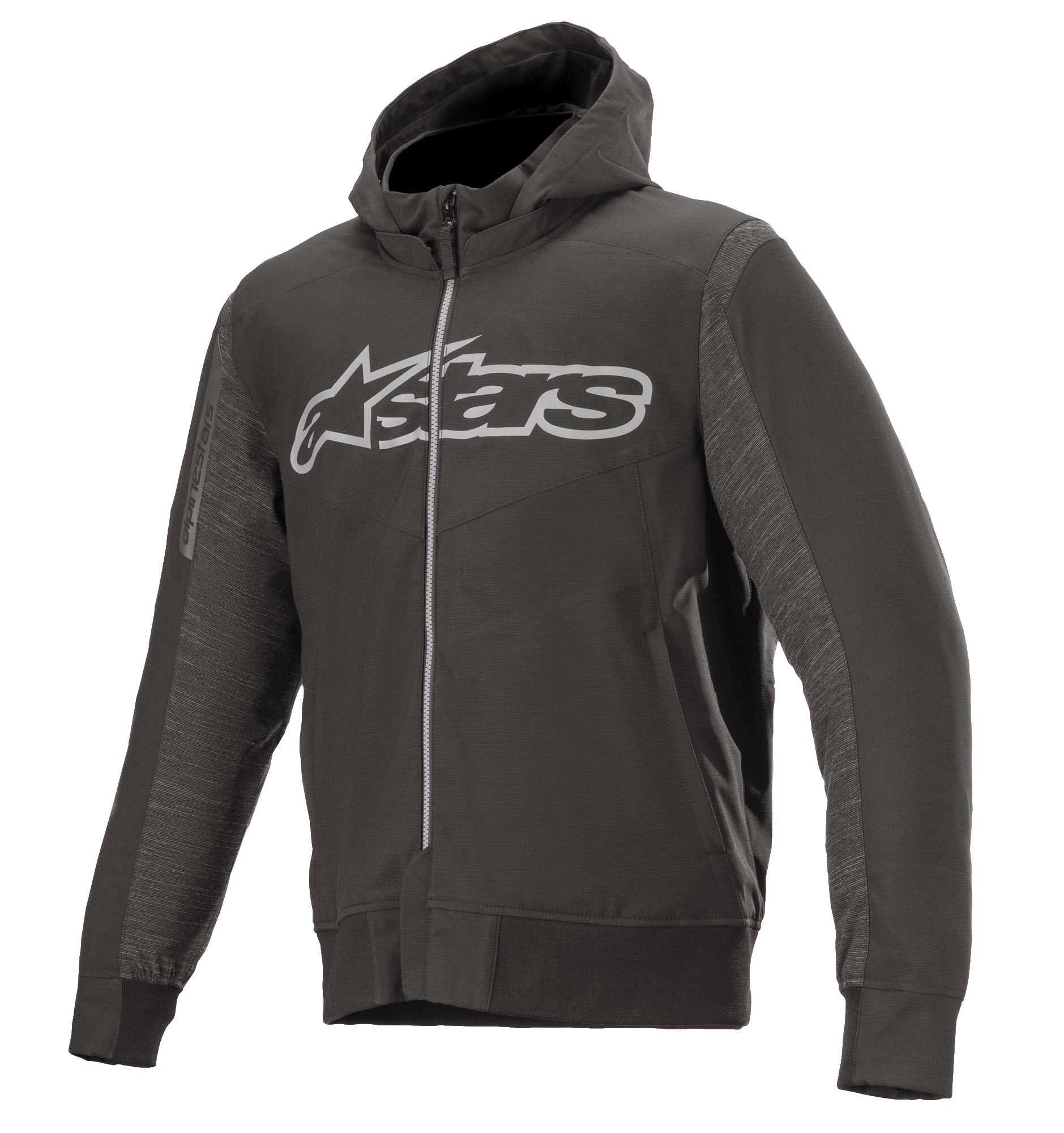 Alpinestars Rhod Windstopper Hoodie, meleret sort og mørkegrå, stort lysegråt Astars-logo på brystet, motorcykeljakke med fuld lynlås og hætte, teksturerede sidepaneler, ribstrikkede manchetter og talje, urbant beskyttende køreudstyr
