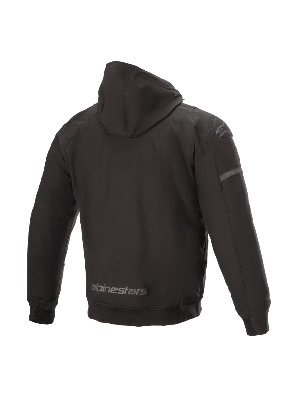 Alpinestars Sektor Tech V2 hættetrøje, sort urban motorcykeljakke med vindresistent skal og 3D-skulderindsatser, set bagfra.