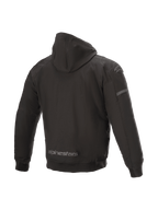 Alpinestars Sektor Tech V2 hættetrøje, sort urban motorcykeljakke med vindresistent skal og 3D-skulderindsatser, set bagfra.