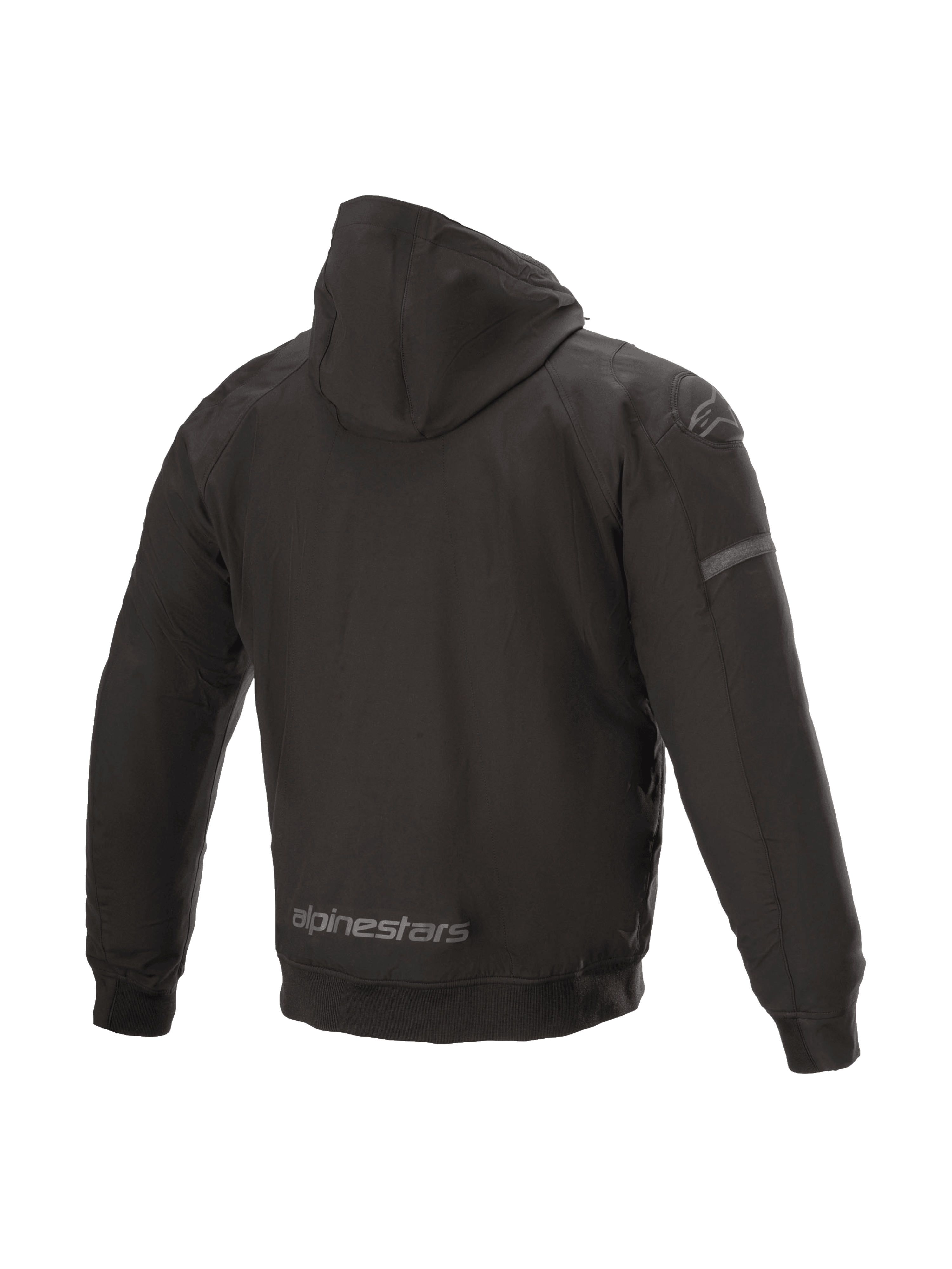 Alpinestars Sektor Tech V2 hættetrøje, sort urban motorcykeljakke med vindresistent skal og 3D-skulderindsatser, set bagfra.