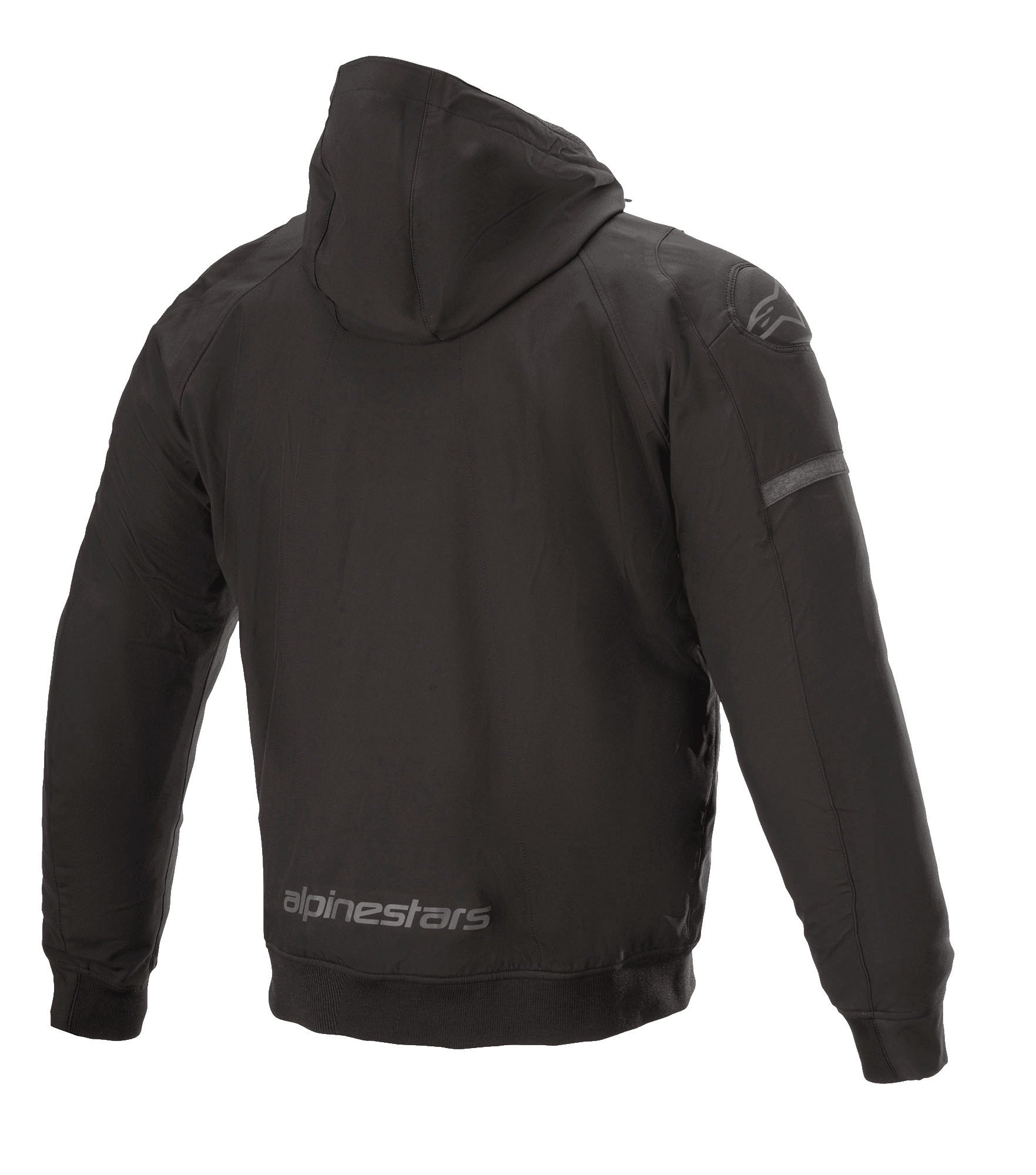 Alpinestars Sektor Tech V2 Hoodie, sort motorcykeljakke, set bagfra, viser vindafvisende tekstilskal, reflekterende Alpinestars-branding på den nederste kant, tredimensionelle skulderindsatser og teknisk urbant design.