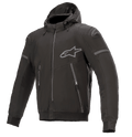 Alpinestars Sektor Tech V2 Hoodie, sort med grå detaljer, motorcykeljakke med hætte, gennemgående lynlås foran, to lynlåslommer, gråt Alpinestars-logo på bryst og skulder, urbant moderne design med reflekterende detaljer