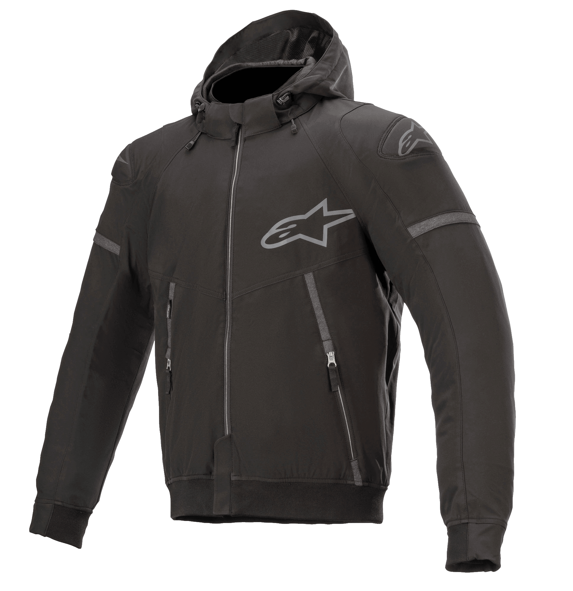 Alpinestars Sektor Tech V2 Hoodie, sort med grå detaljer, motorcykeljakke med hætte, gennemgående lynlås foran, to lynlåslommer, gråt Alpinestars-logo på bryst og skulder, urbant moderne design med reflekterende detaljer