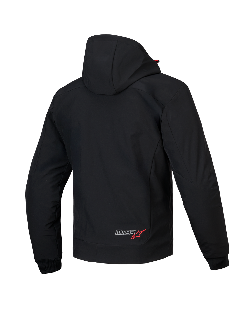 Alpinestars MM93 Radium Tech hættetrøje, herre motorcykeljakke set bagfra, sort og lys rød, CE-certificeret vindtæt 3L tech-skal med aftagelig hætte